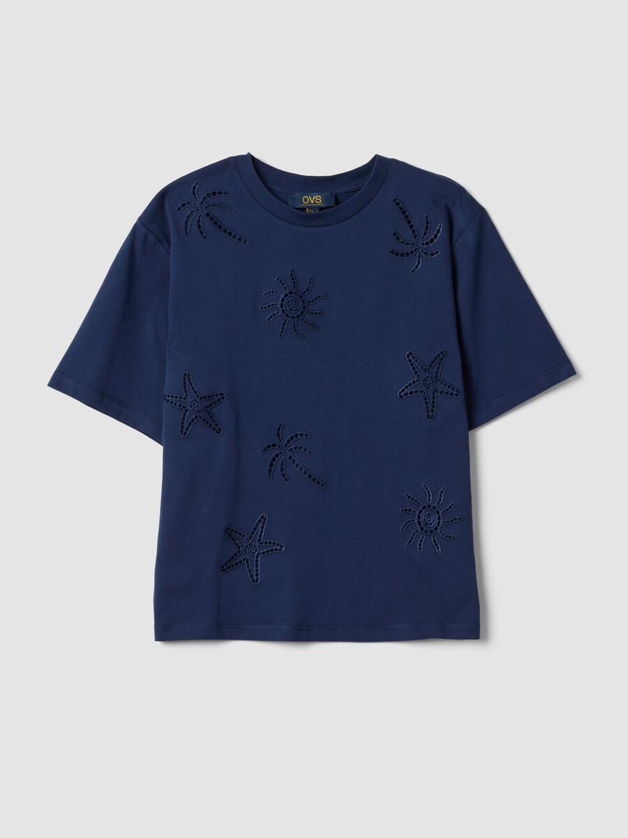 Blue pure cotton T-shirt with openwork embroidery, regular fit_4