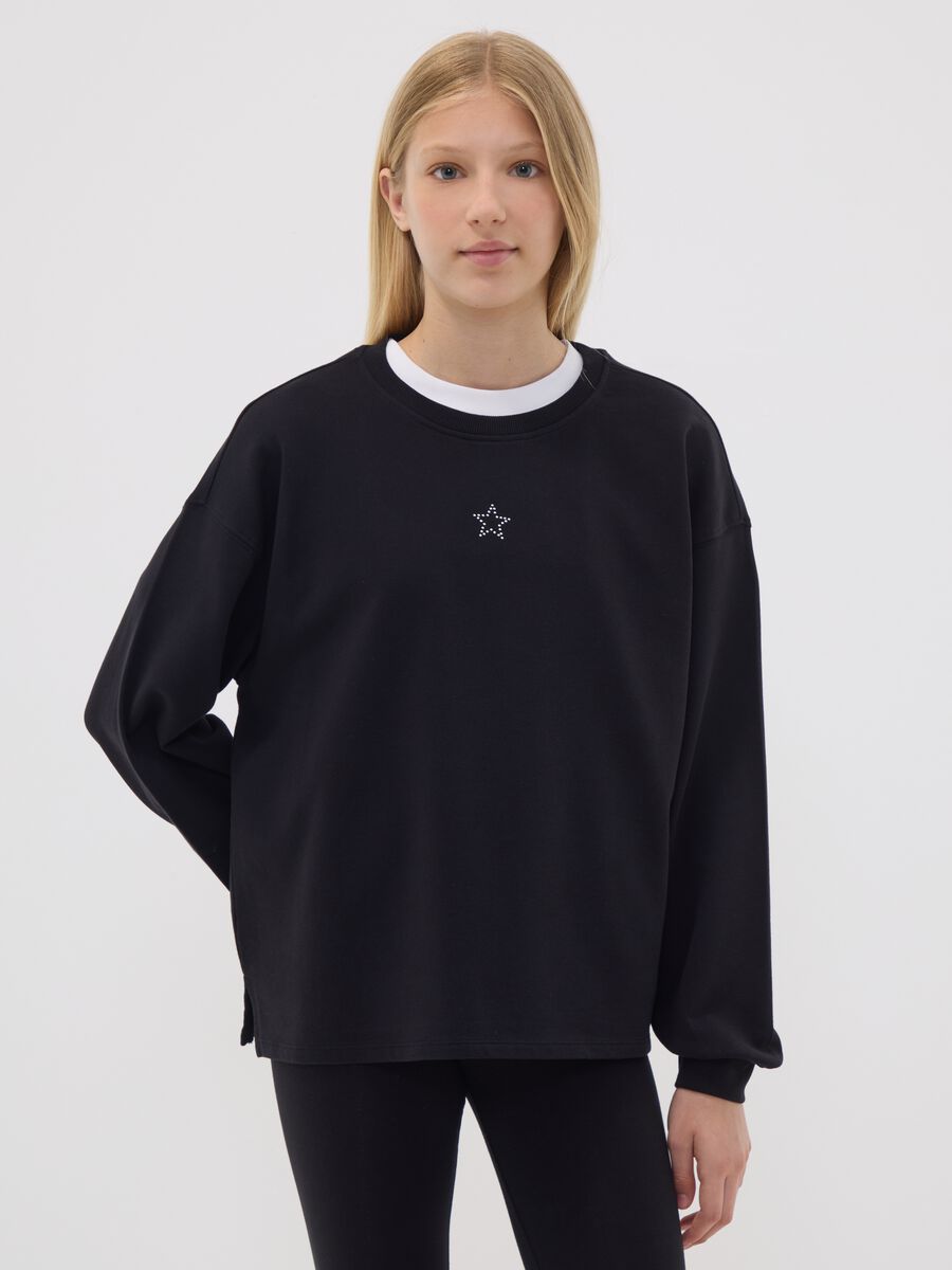 Black 100% cotton sweatshirt with star detail for girls, relaxed fit_1
