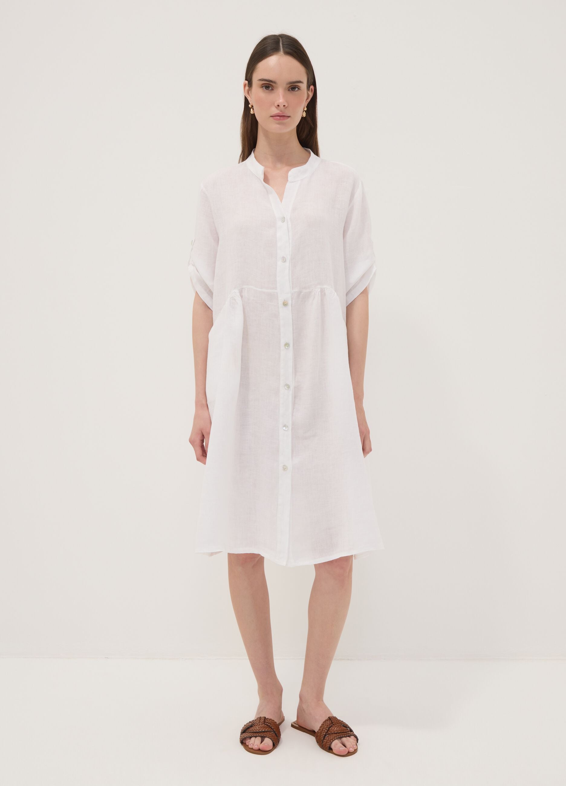 White pure linen dress with Mandarin collar, regular fit