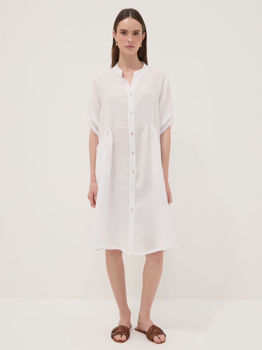 White pure linen dress with Mandarin collar, regular fit_0