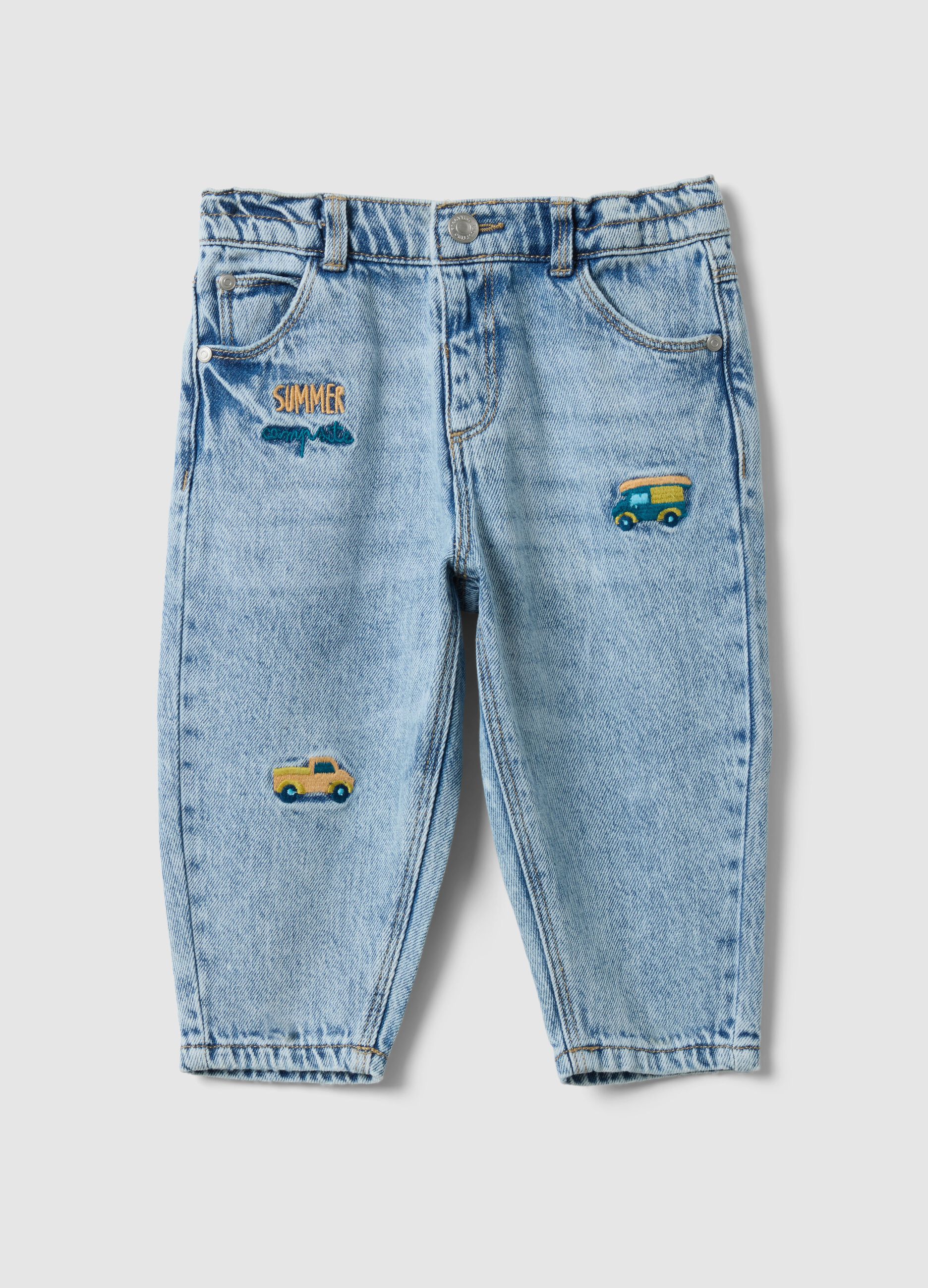 Regular fit blue cotton-blend trousers for boys with embroidered cars