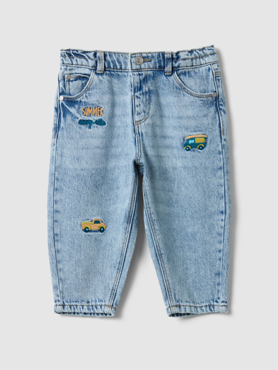 Pantaloni in misto cotone blu da bimbo regular fit con macchinine_0
