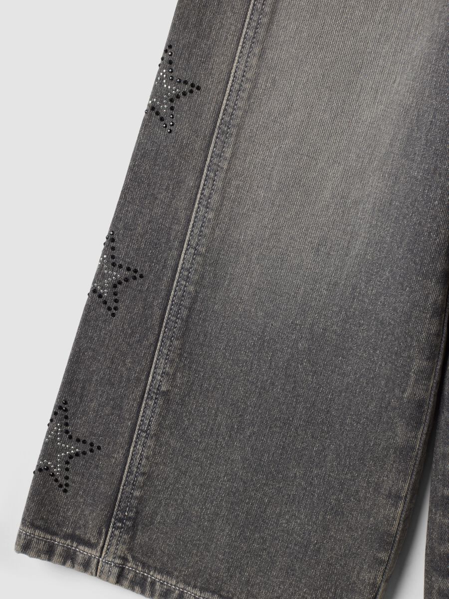 Grey wide-leg pure cotton jeans with star details for girls_3