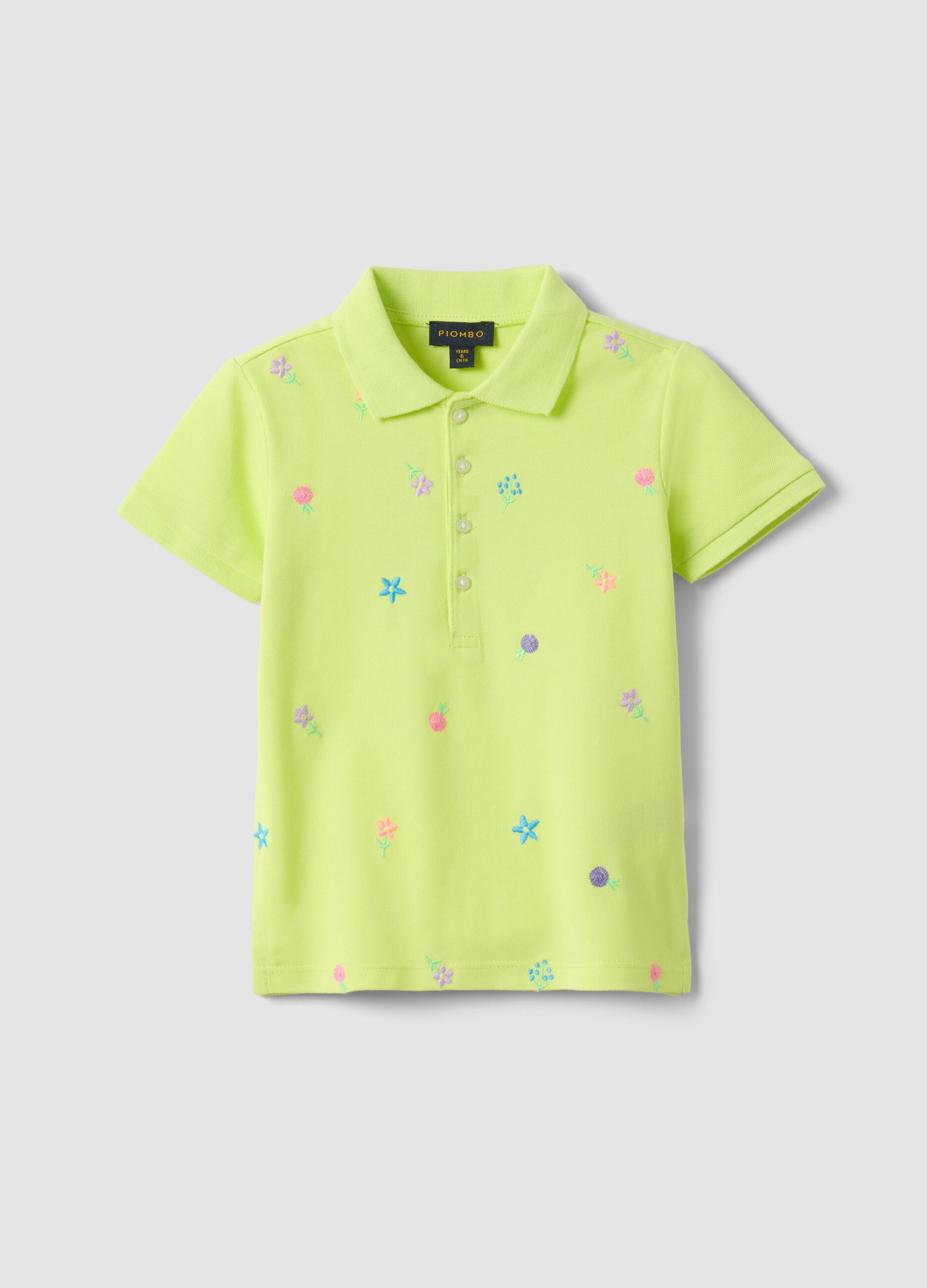 Girls' green pure cotton polo regular fit with embroidered flowers