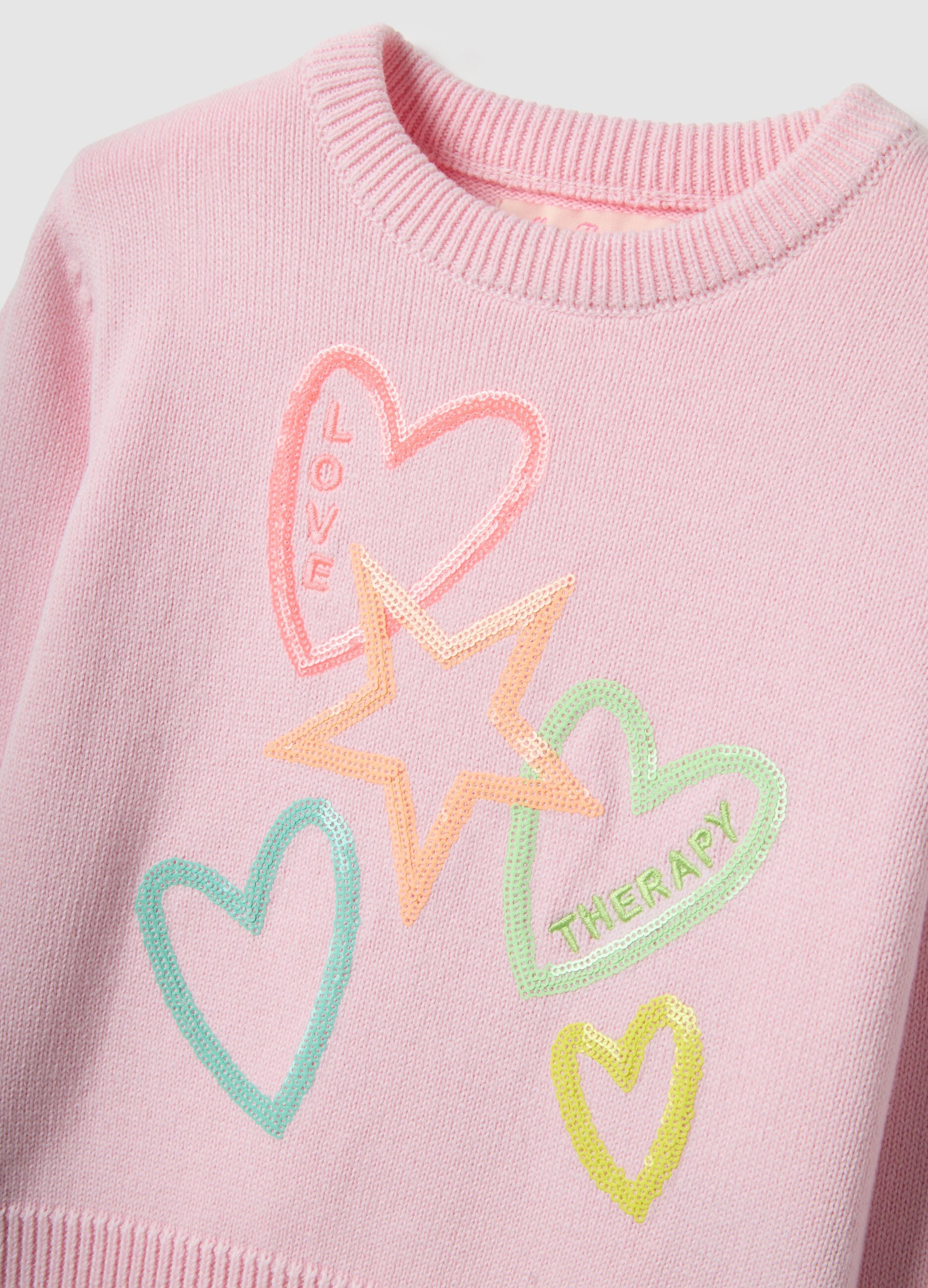 Girls' pink pure cotton sweater with hearts and stars, regular fit
