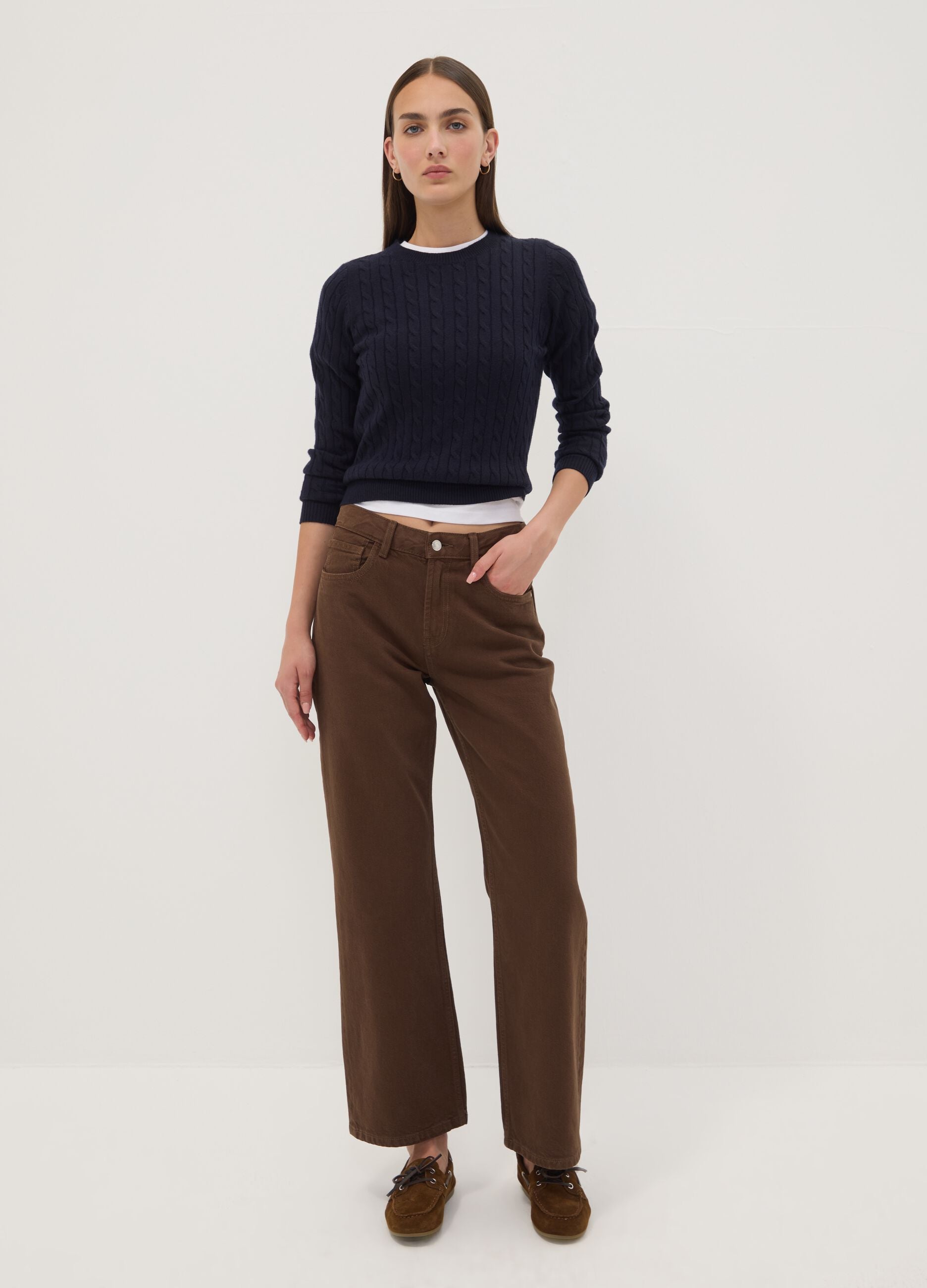 Navy cable-knit crew-neck jumper, regular fit