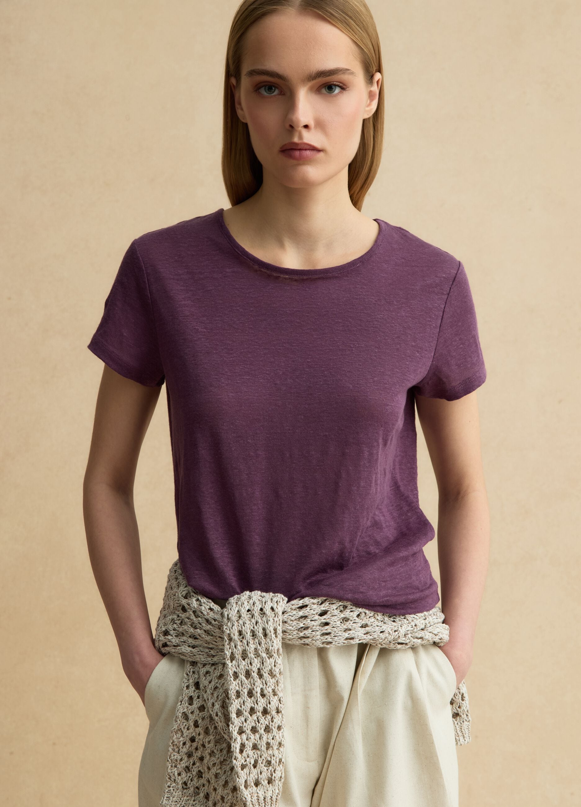 Purple short-sleeved pure linen T-shirt, regular fit