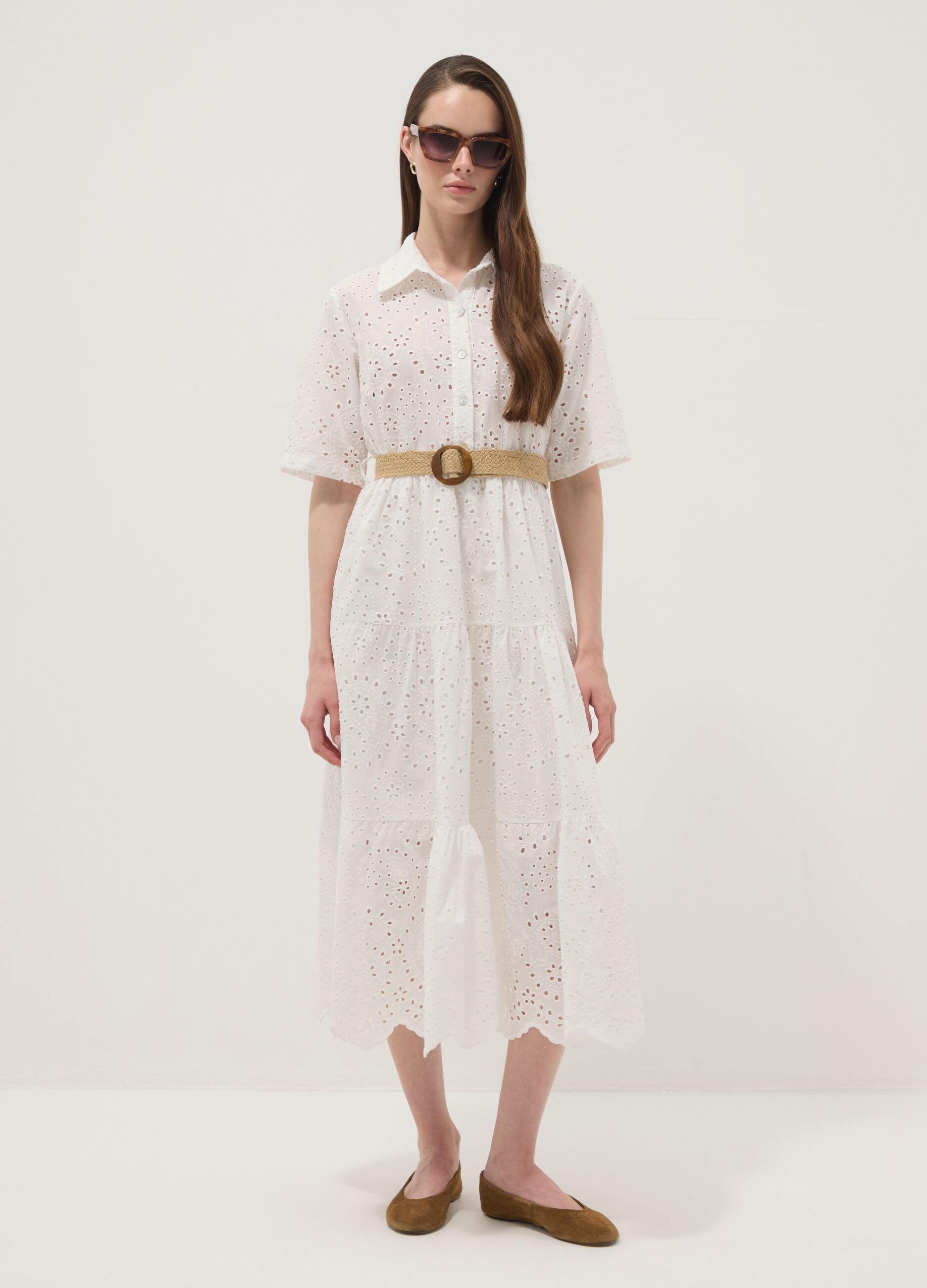 White midi broderie cotton dress with braided belt