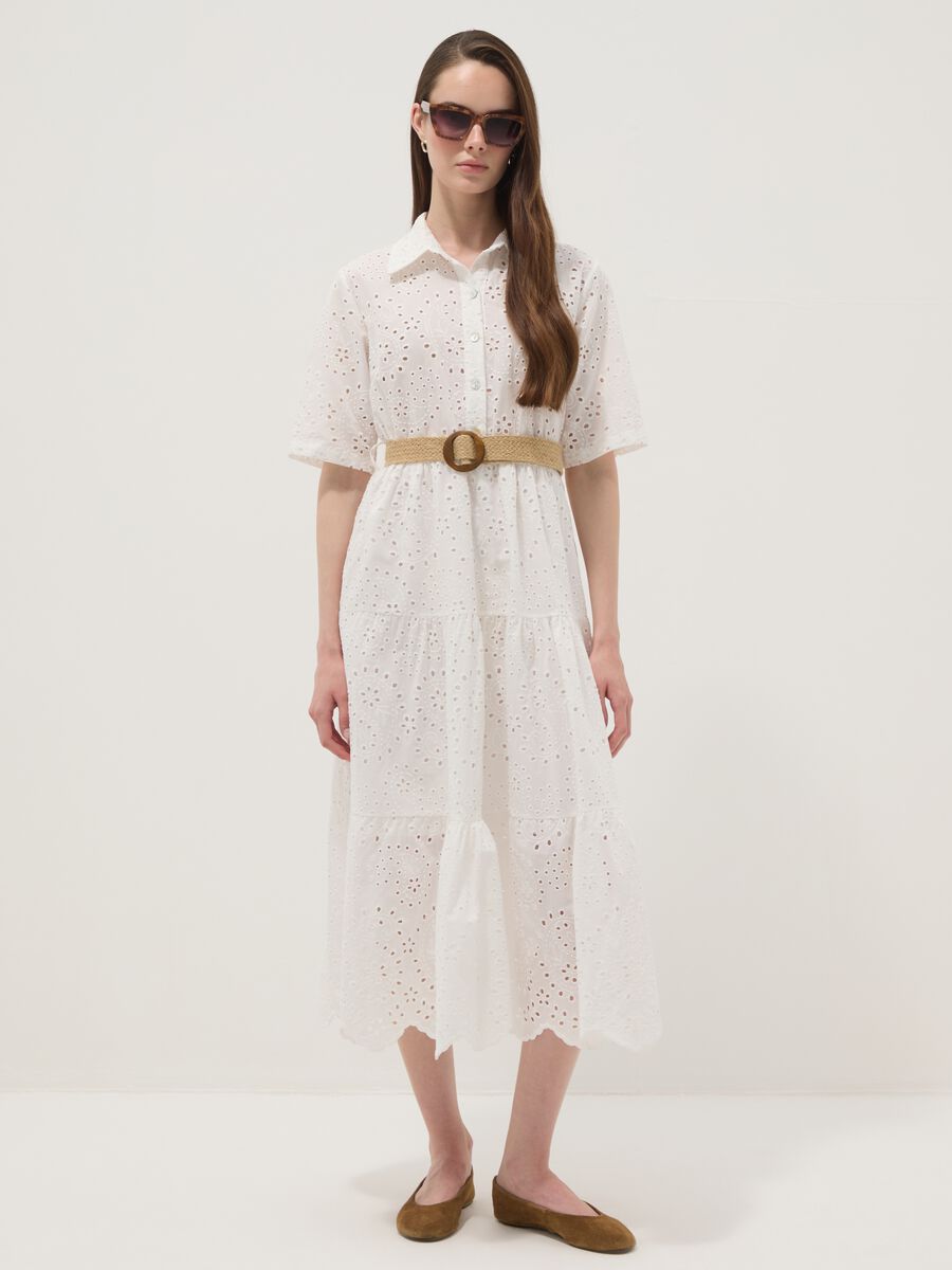 White midi broderie cotton dress with braided belt_0