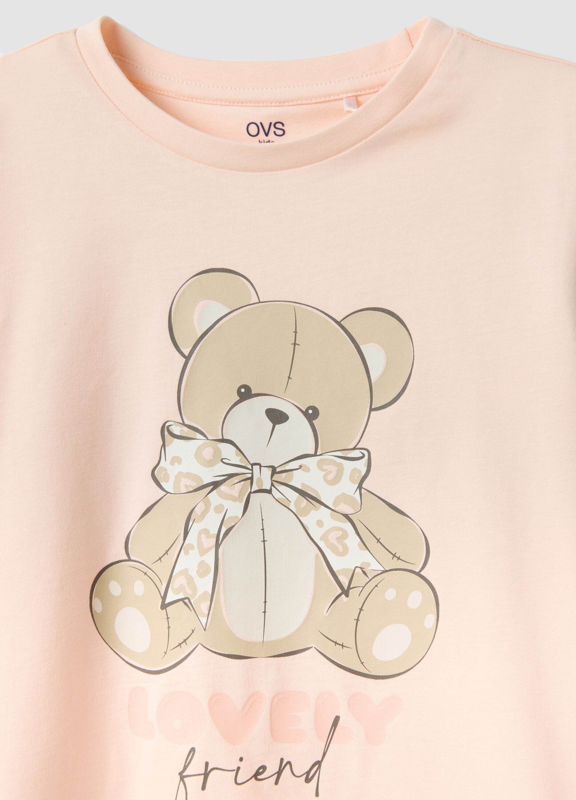 Pink organic cotton pyjamas with print and patterned trousers