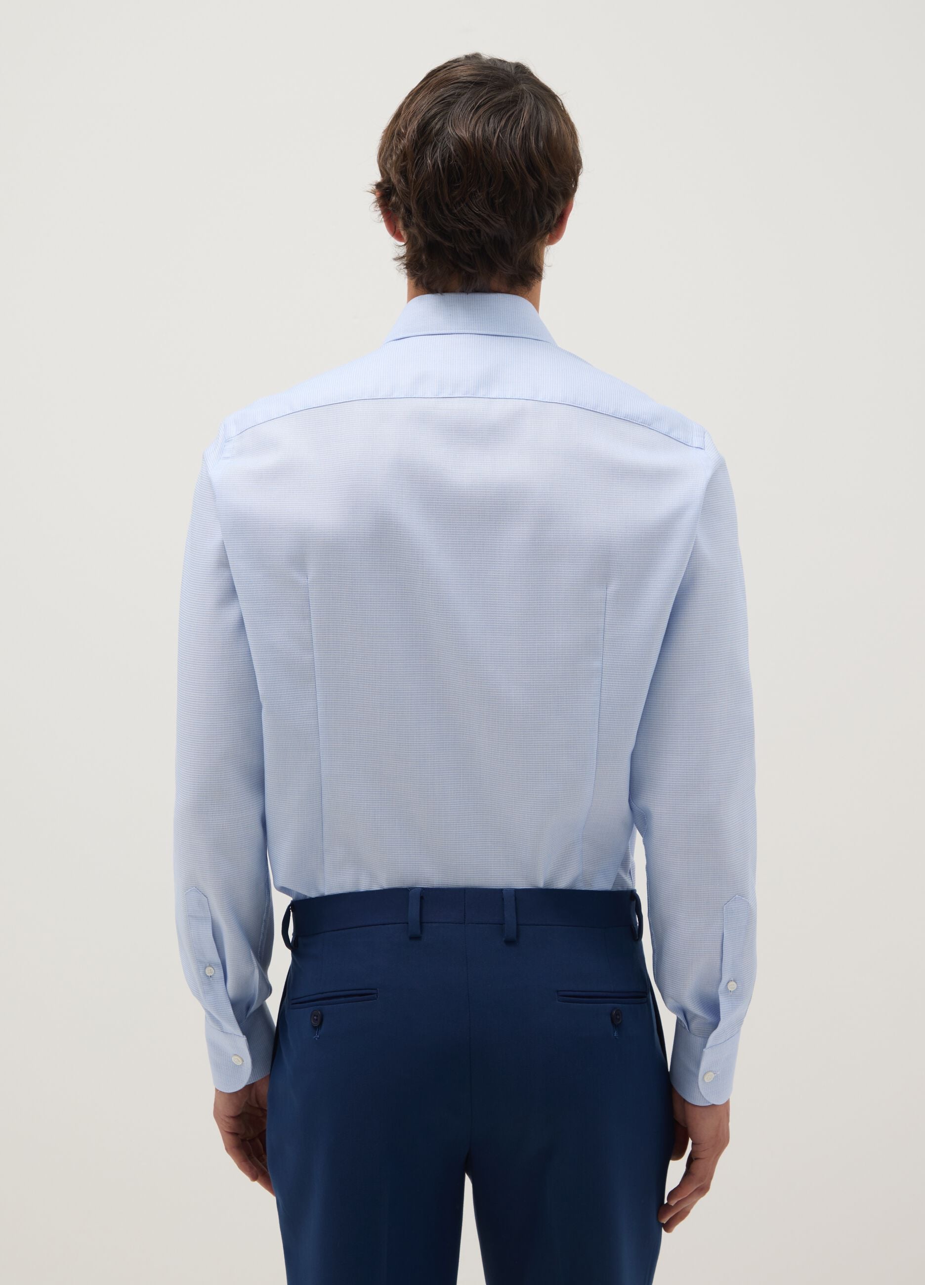 Sky blue pure cotton shirt with slim fit microcheck pattern