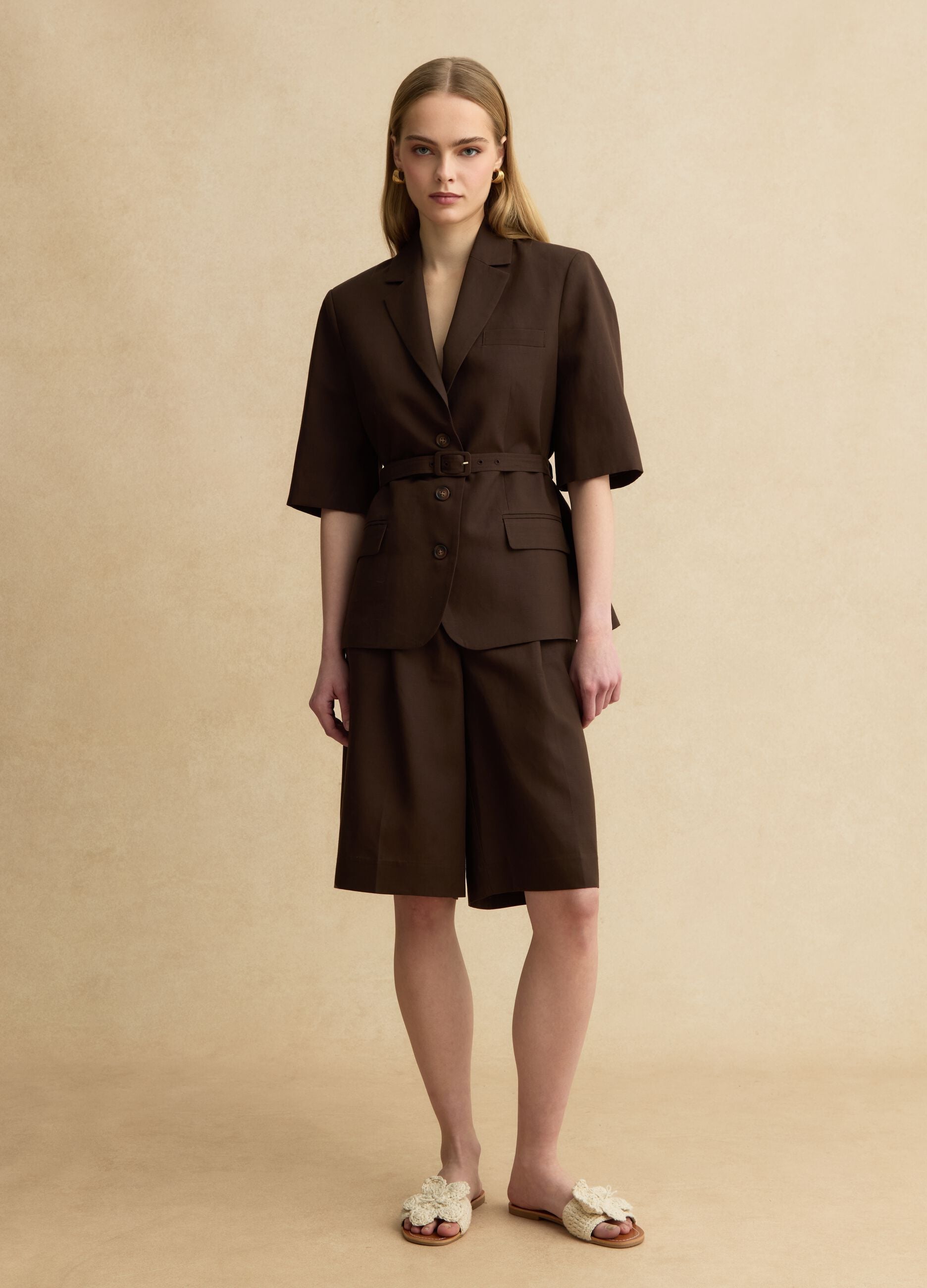 Brown regular fit lyocell and linen blend blazer with belt