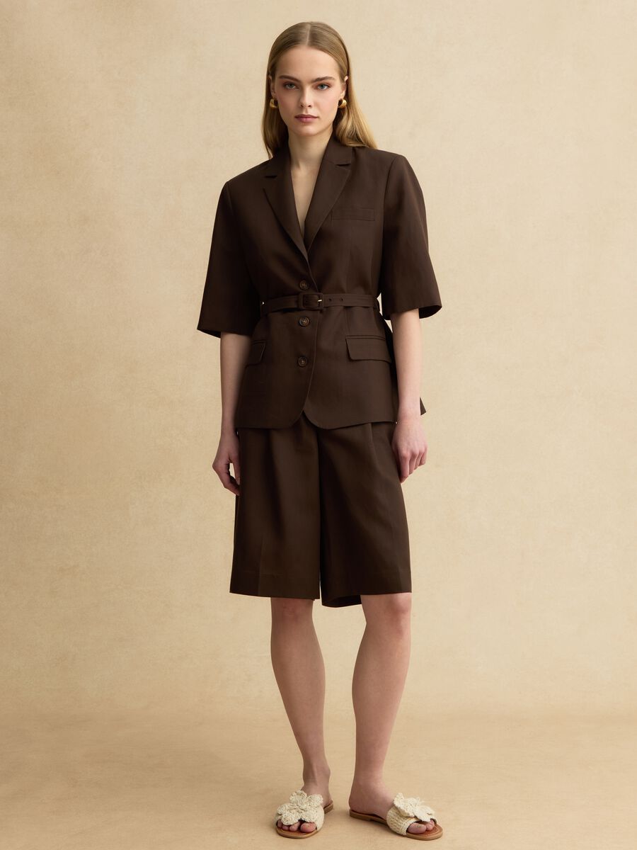 Brown regular fit lyocell and linen blend blazer with belt_2