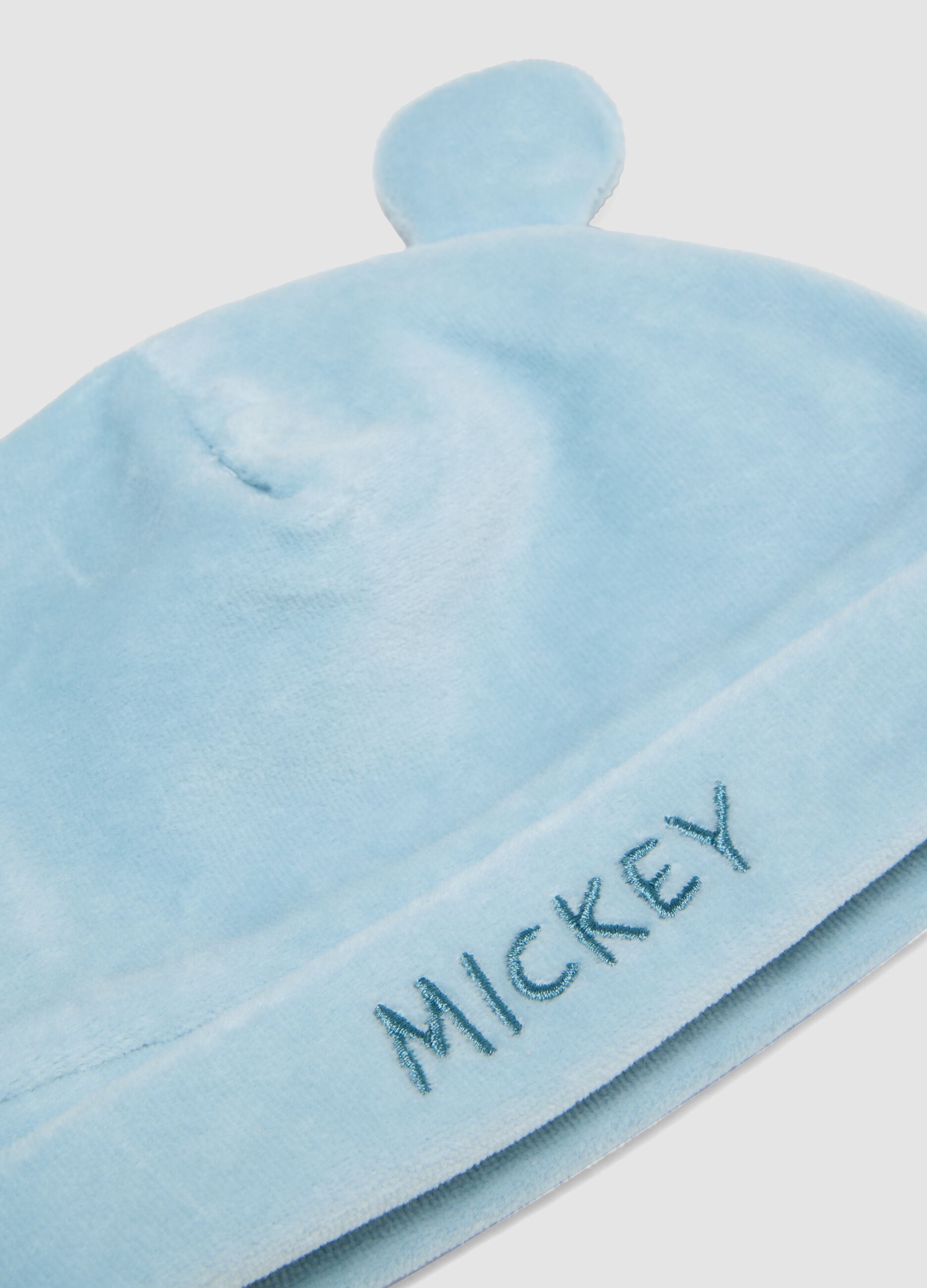 Light blue baby set with Mickey slogan hat and booties