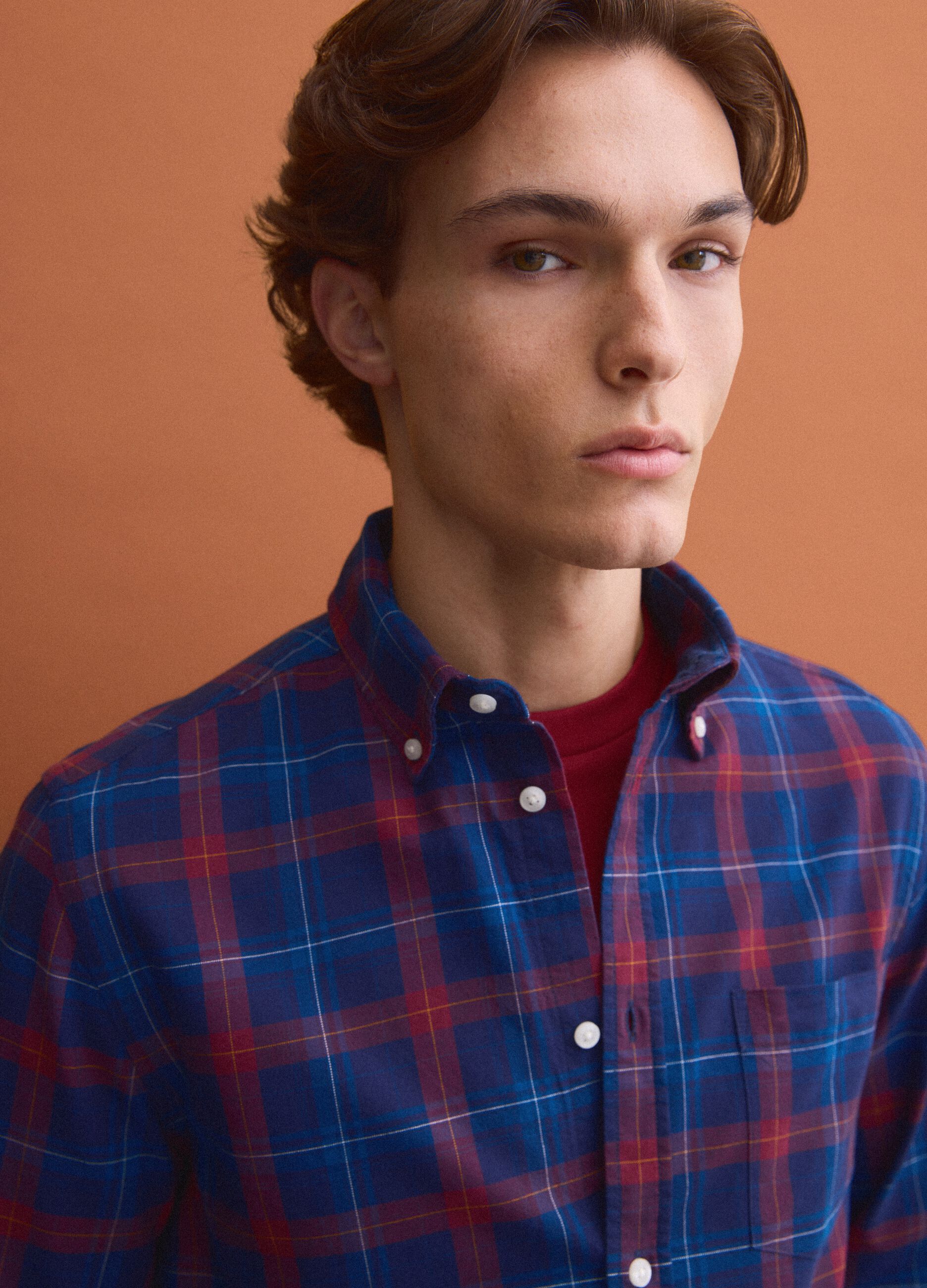 Blue checked Oxford shirt in pure cotton, regular fit