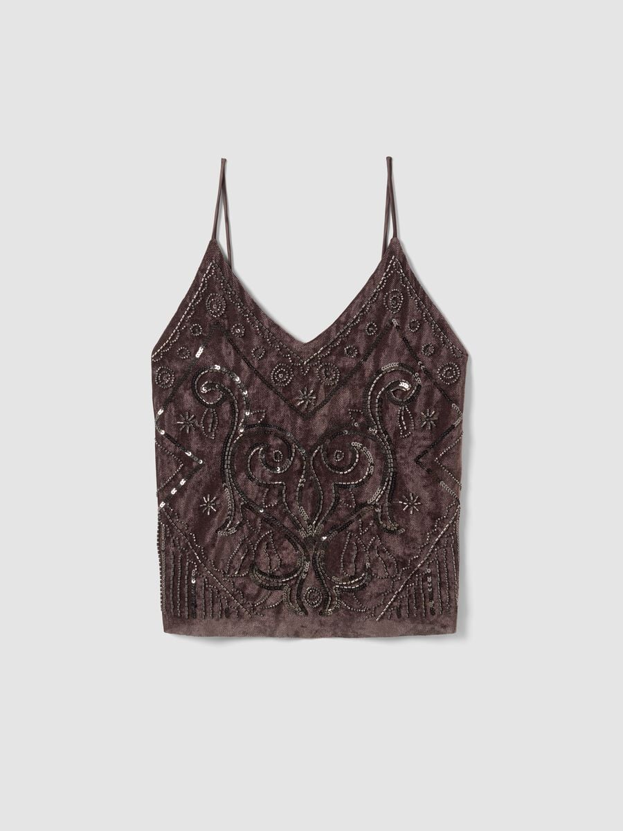 Tank Top marrone in tessuto elasticizzato con paillettes fitted_4
