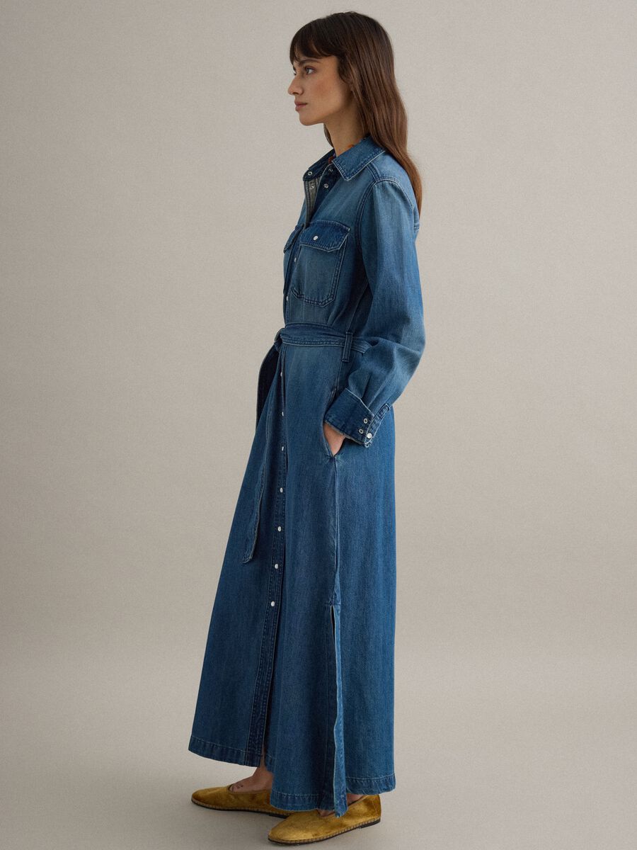 Abito lungo in puro cotone denim blu regular fit_3