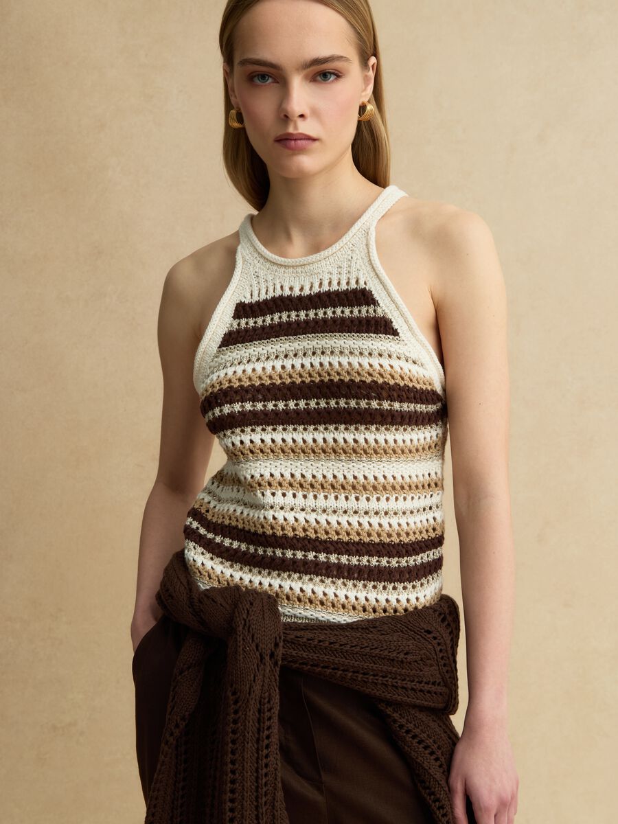 Multicolour striped fitted knitted cotton-blend top_0