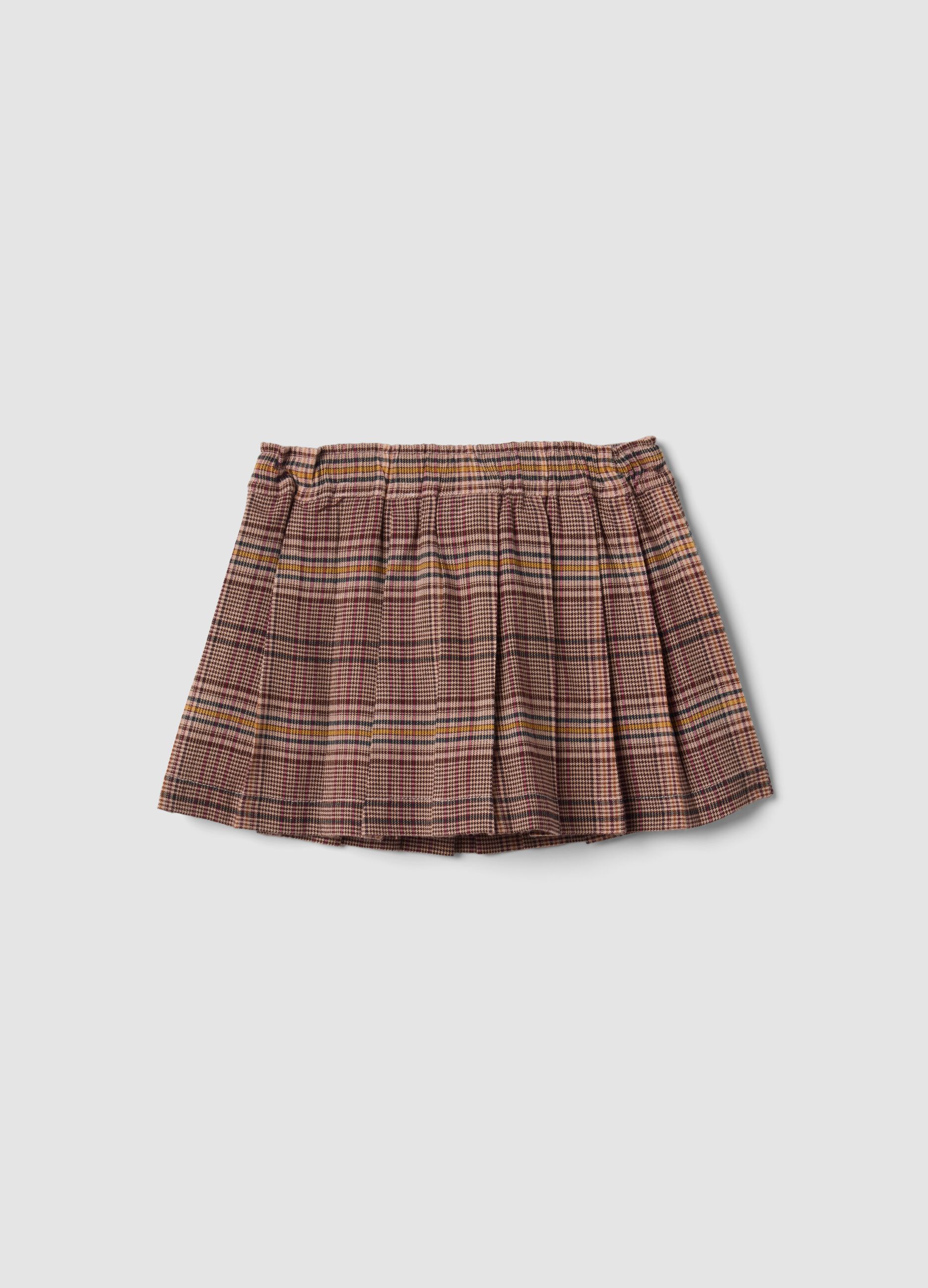 Brown pleated checked stretch viscose skirt for baby girls
