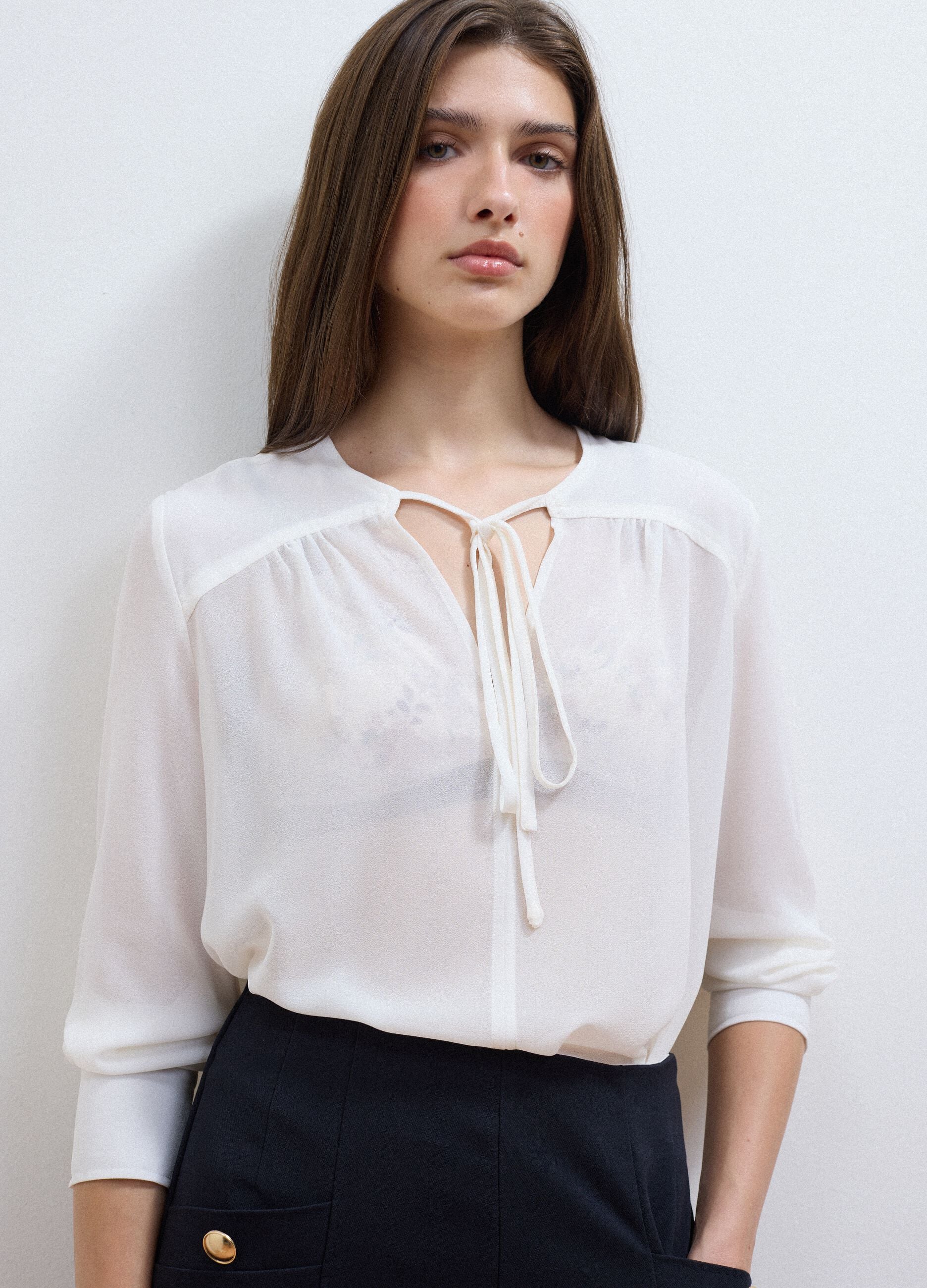 White regular-fit blouse with V-neck and tie detail