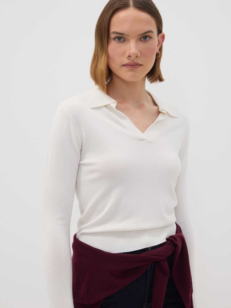 White viscose-blend polo-collar jumper, regular fit_0