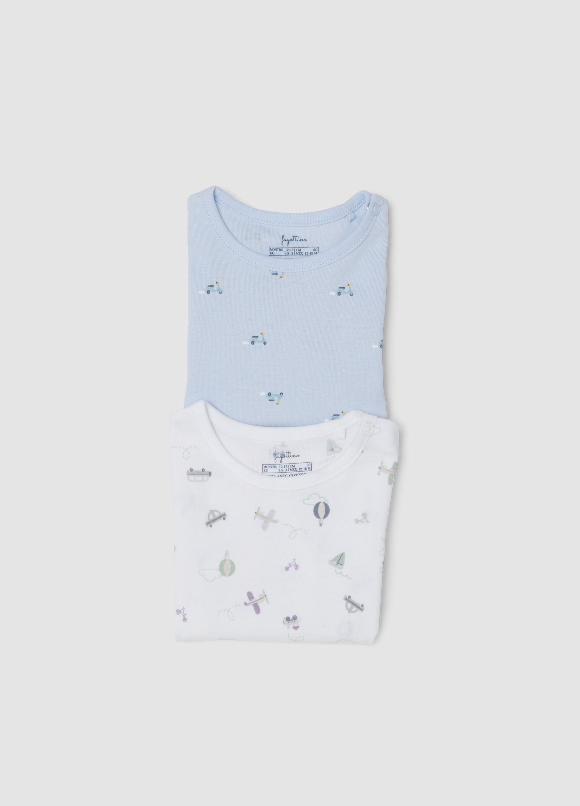 2-pack of light blue and white organic cotton bodysuits for babies and toddlers