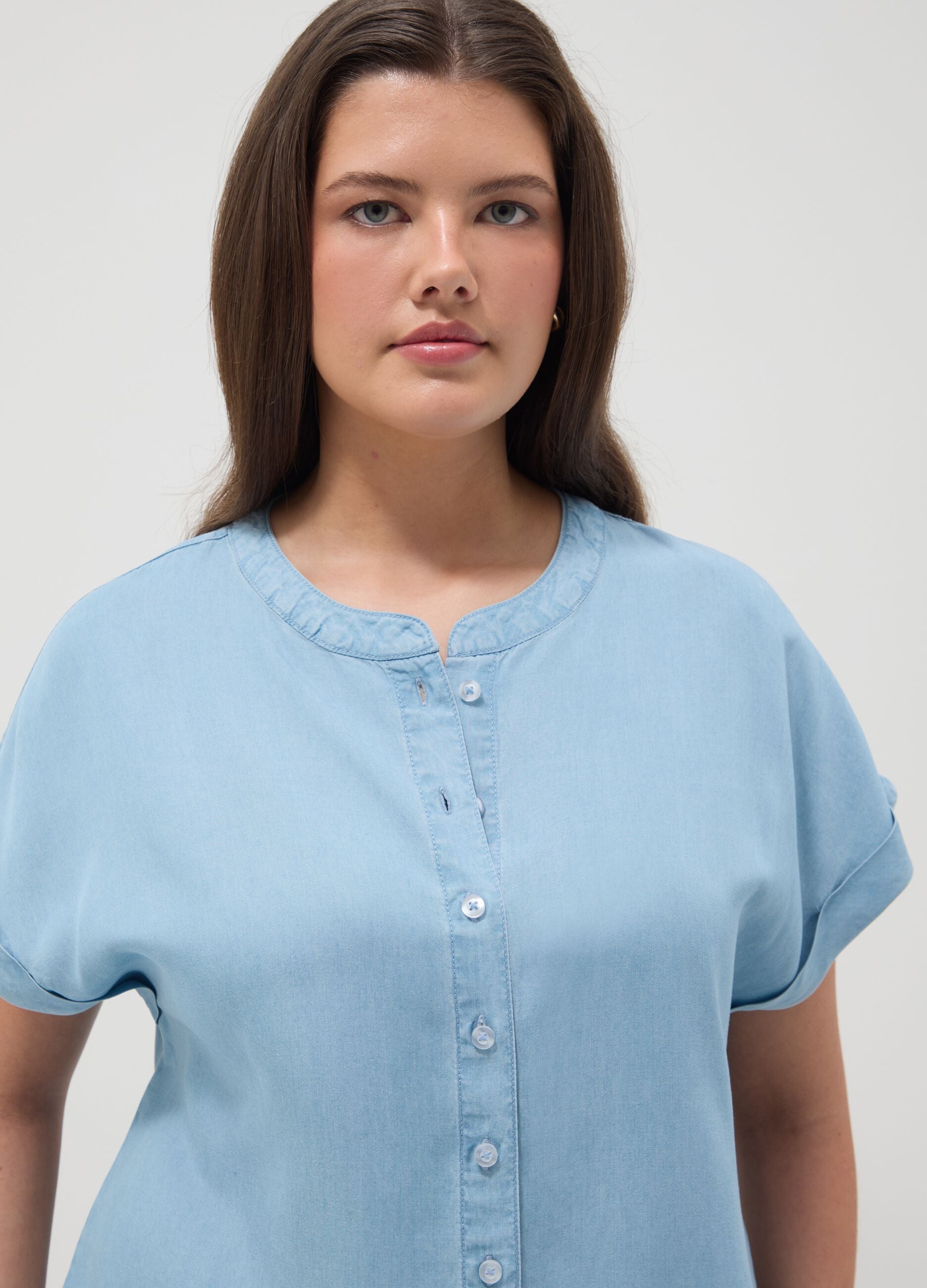 Regular fit pure lyocell blue blouse with mandarin collar