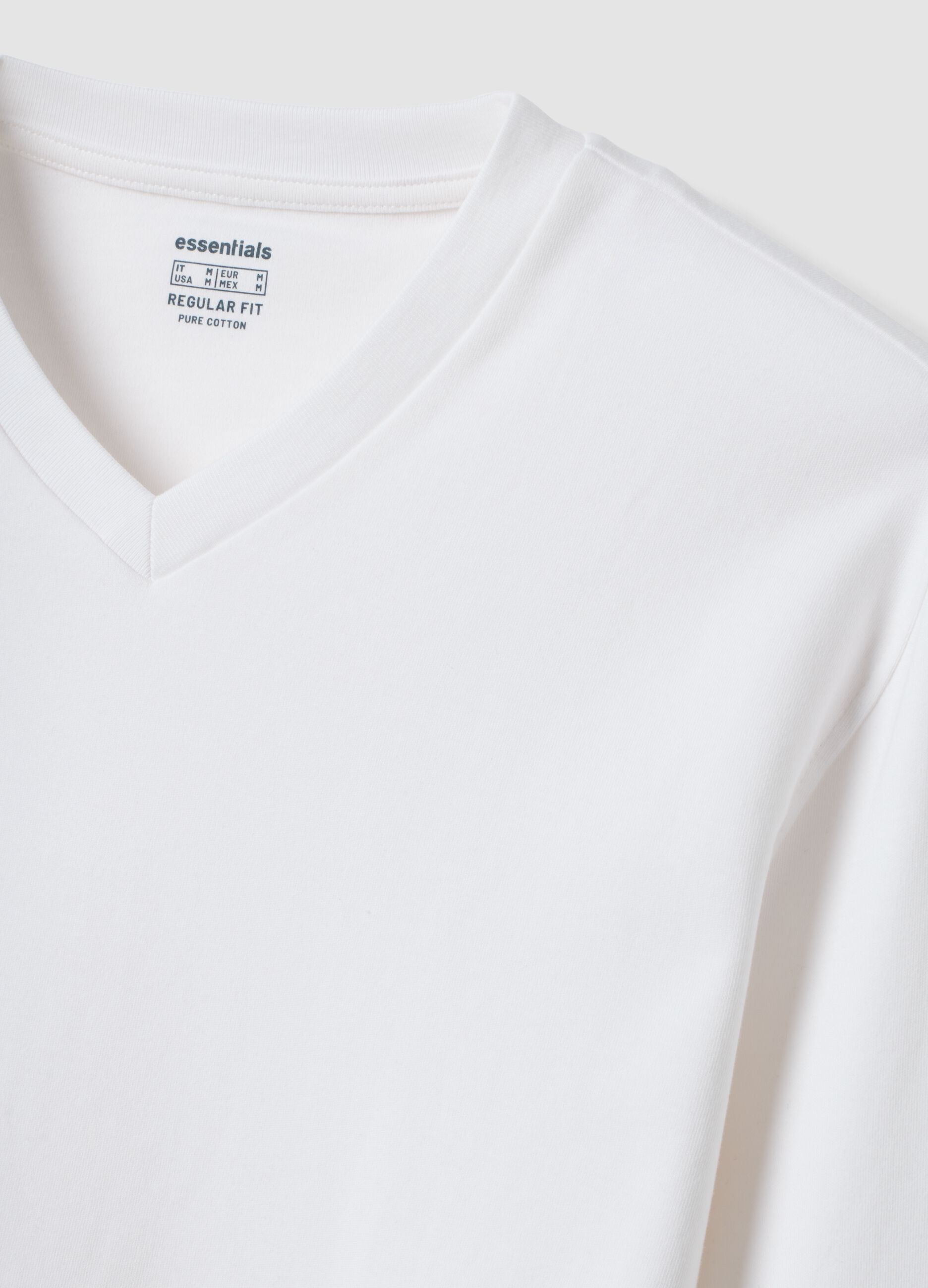 White pure cotton V-neck T-shirt, regular fit