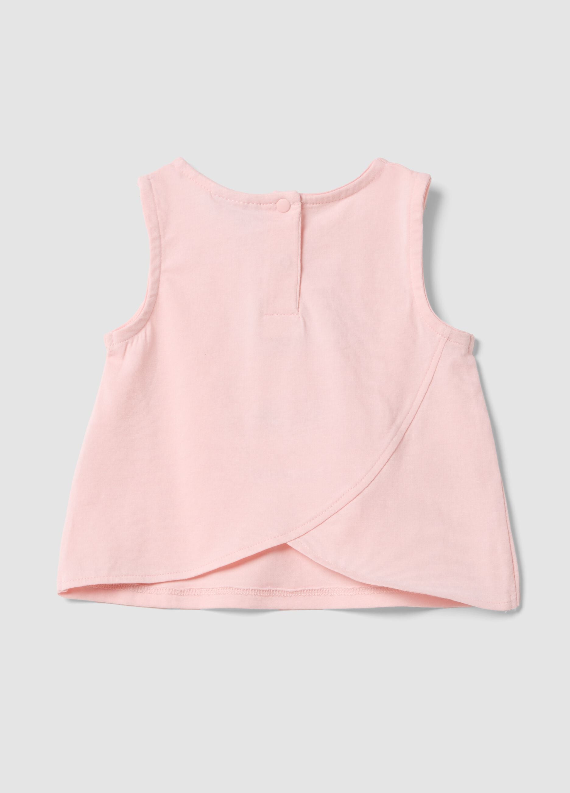 Pink stretch cotton fitted vest top with print and applique for baby girl