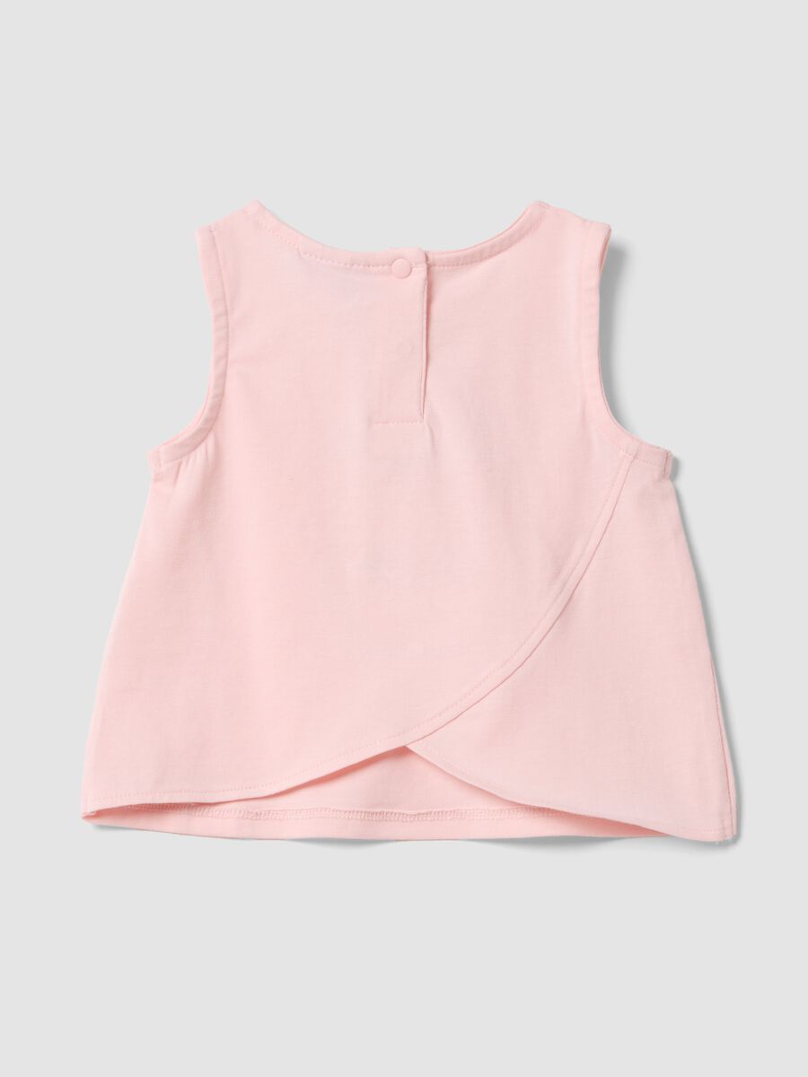 Pink stretch cotton fitted vest top with print and applique for baby girl_1