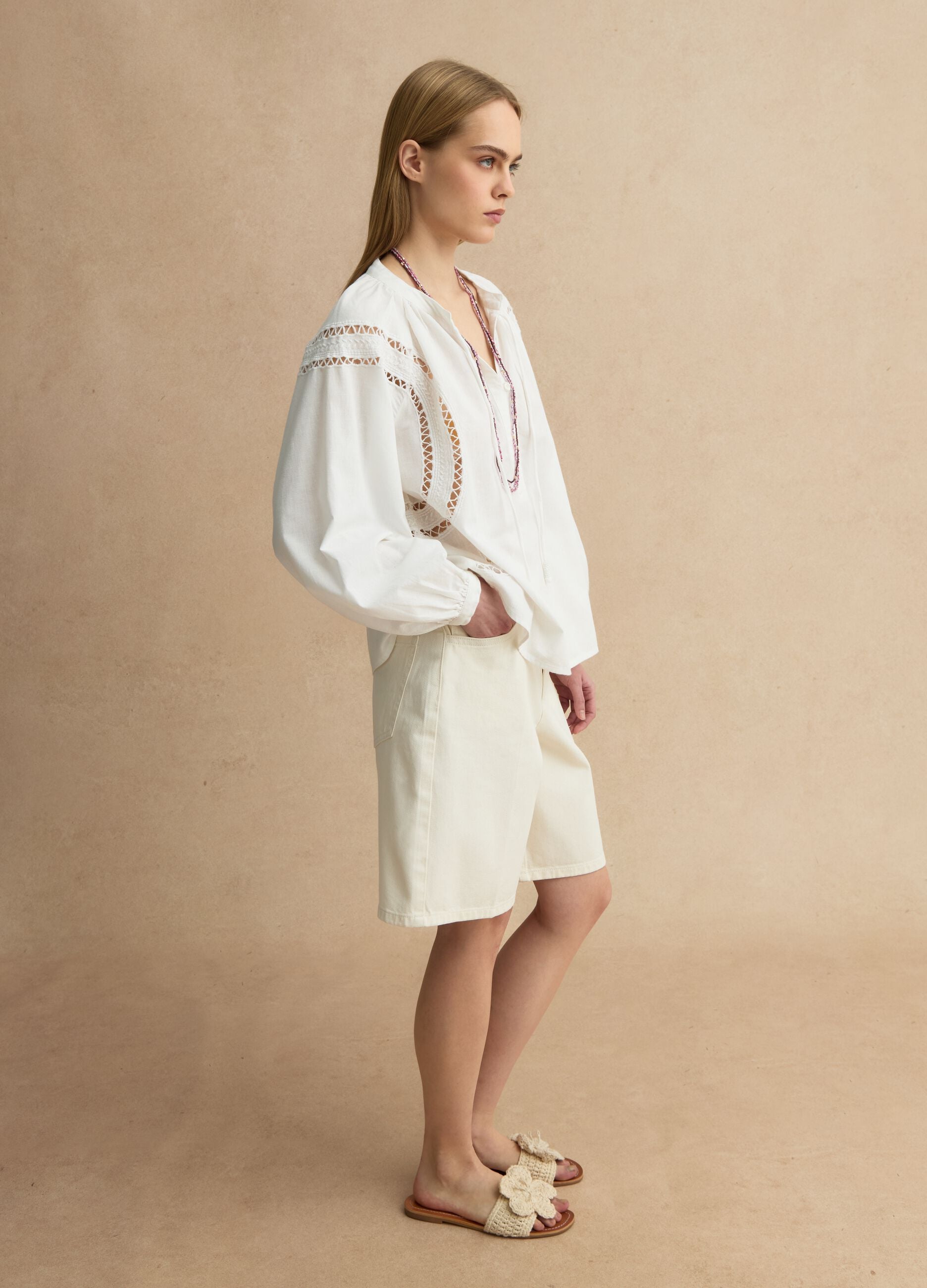 White regular fit cotton-linen blend blouse with eyelet details