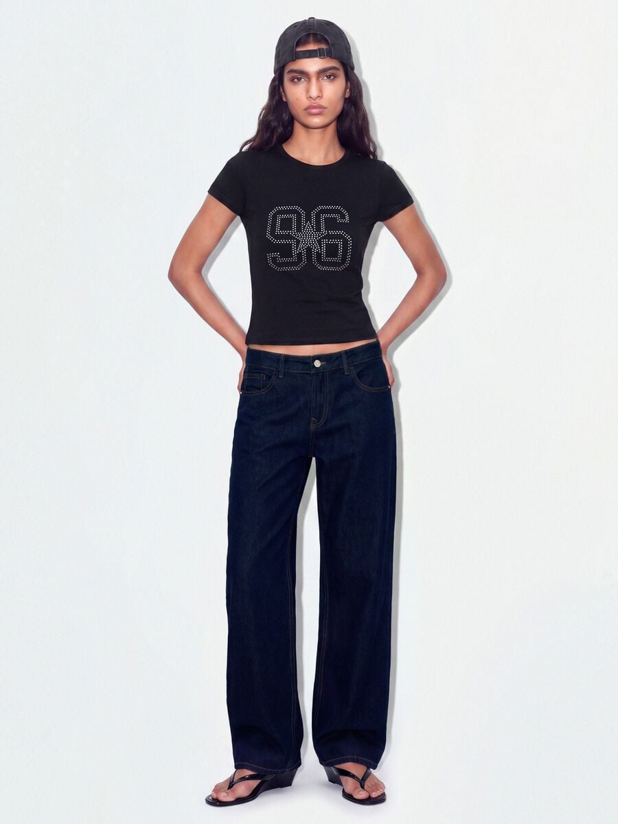 Black fitted stretch-cotton T-shirt with rhinestone embellishment_1