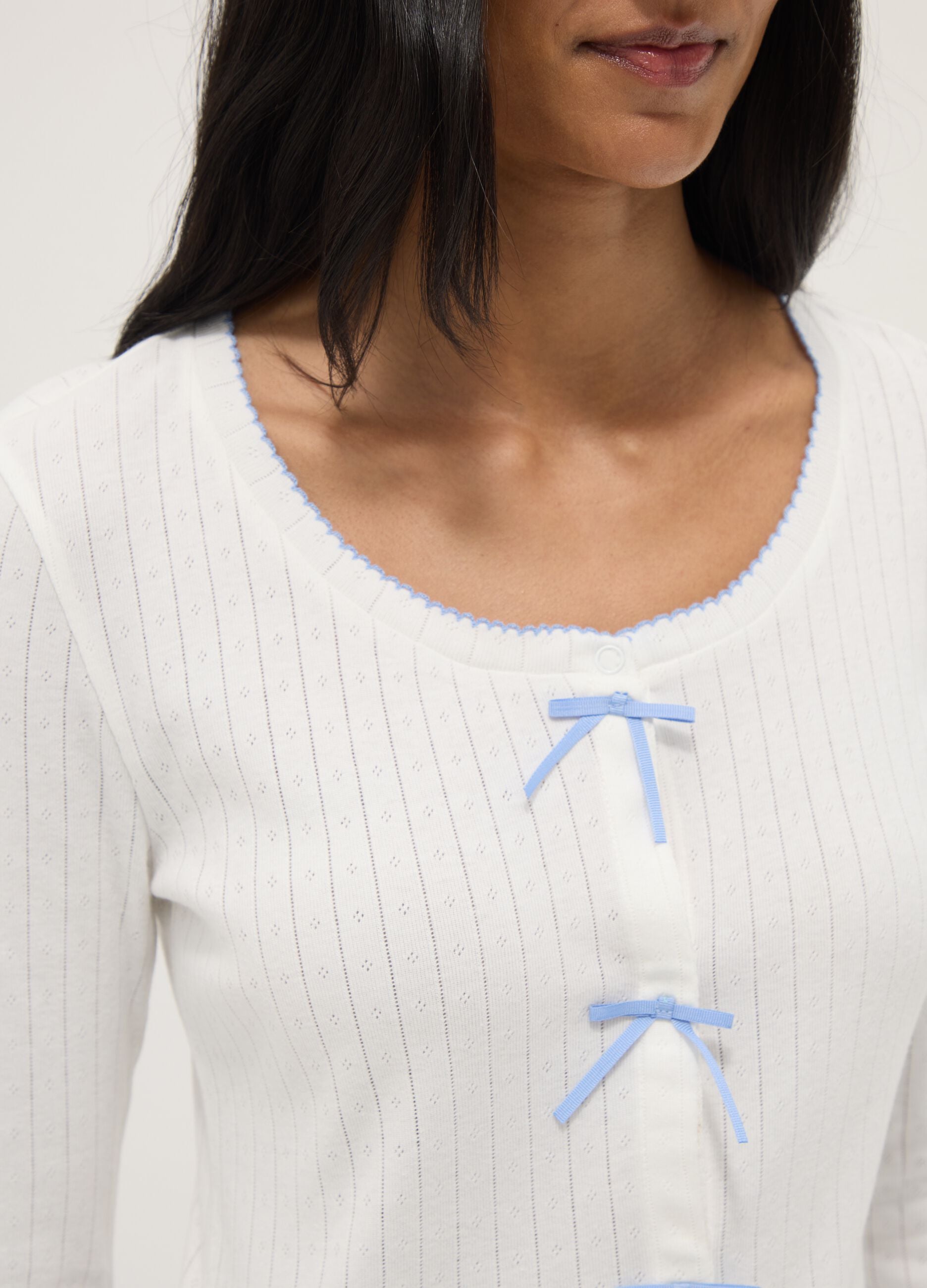 White pure cotton regular fit pyjama shirt with embroidery