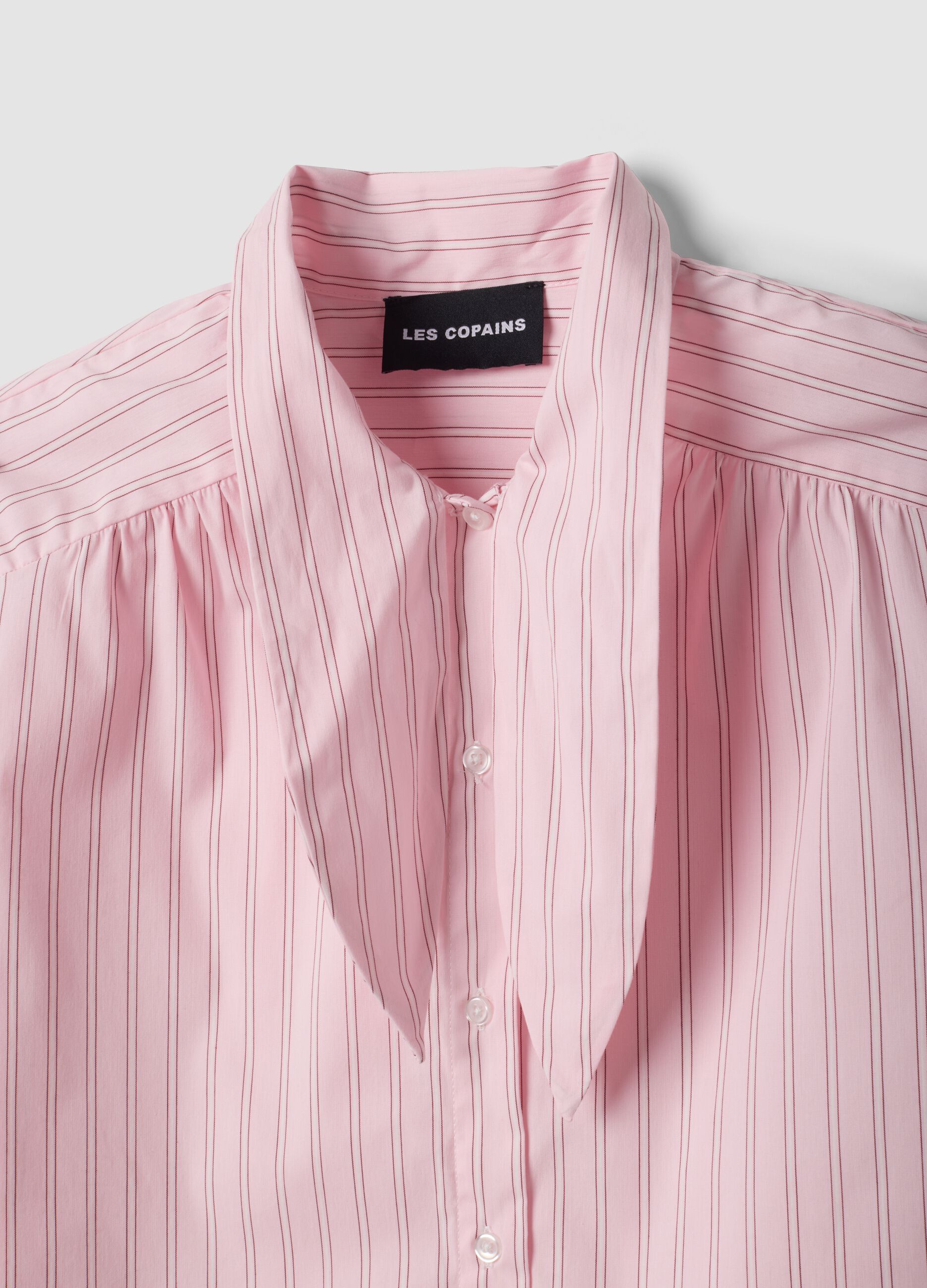 Pink striped stretch cotton shirt with bow, oversized fit