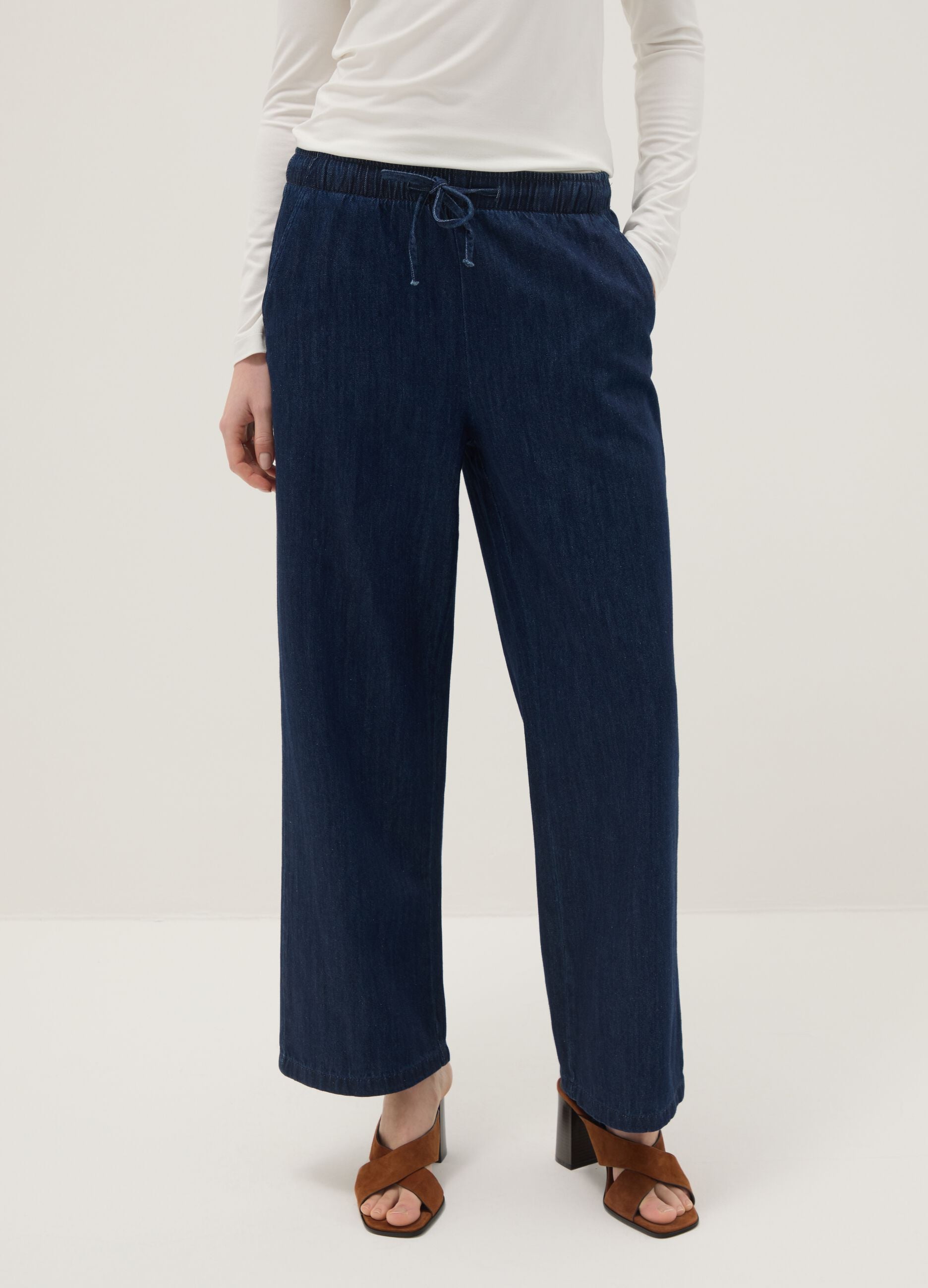 Wide-leg blue denim pure cotton trousers with elastic waist