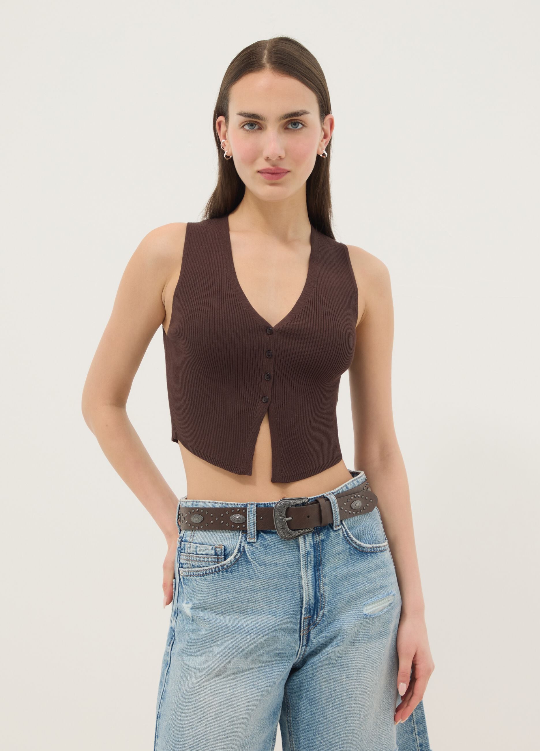 Brown viscose blend waistcoat regular fit deep V