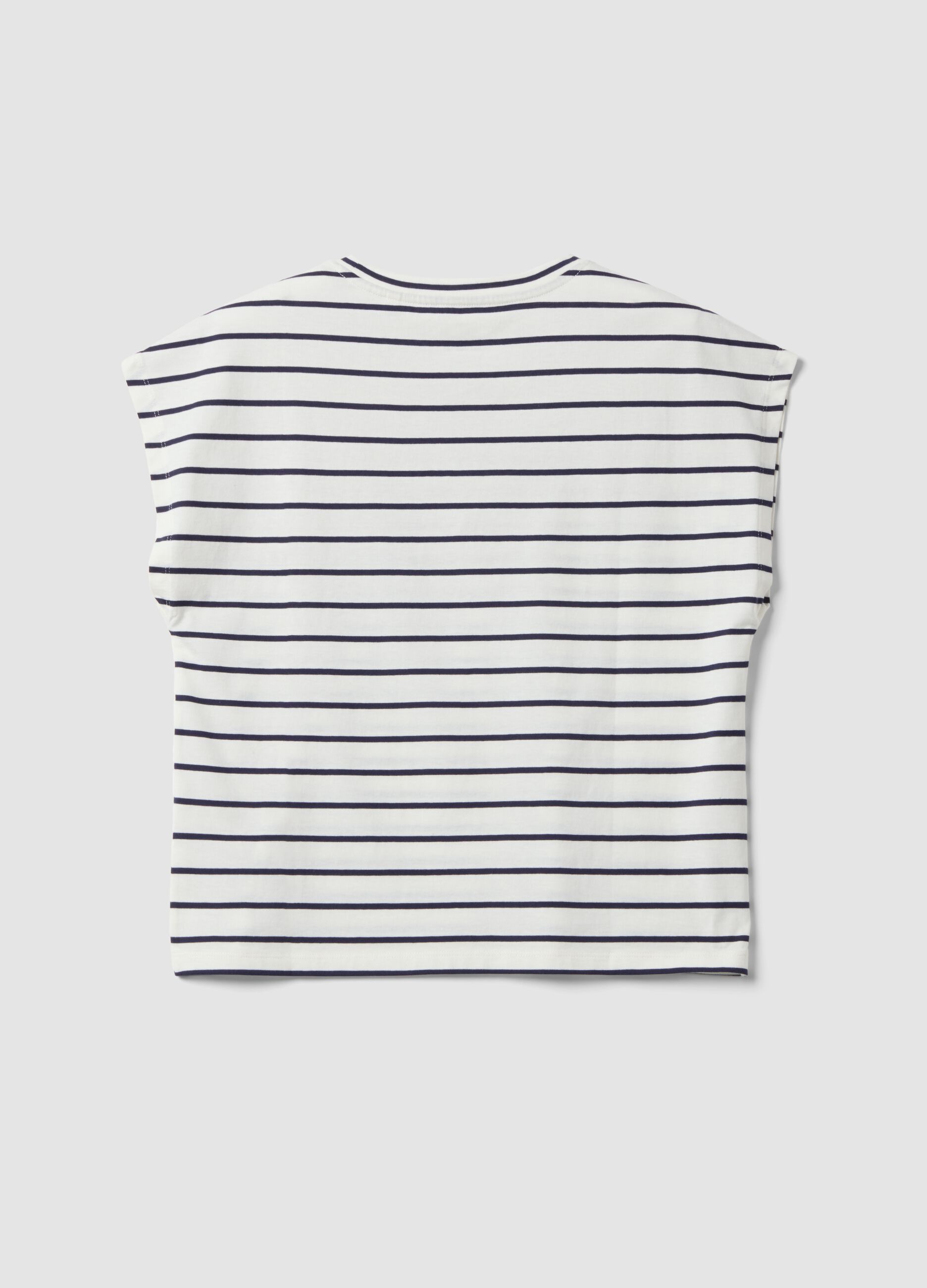 White pure cotton T-shirt with blue stripes, regular fit