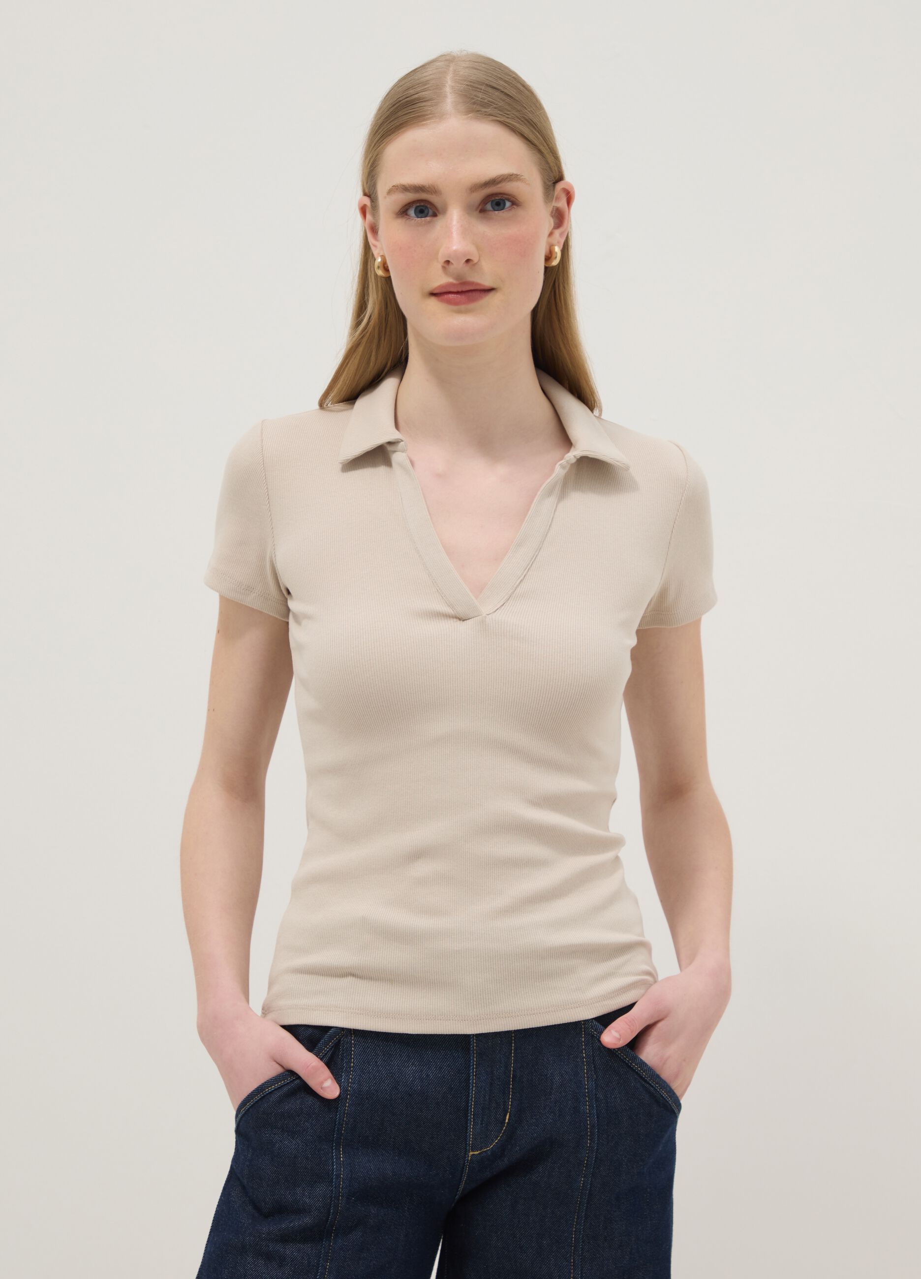 Beige Stretch Cotton Polo Regular Fit Deep V