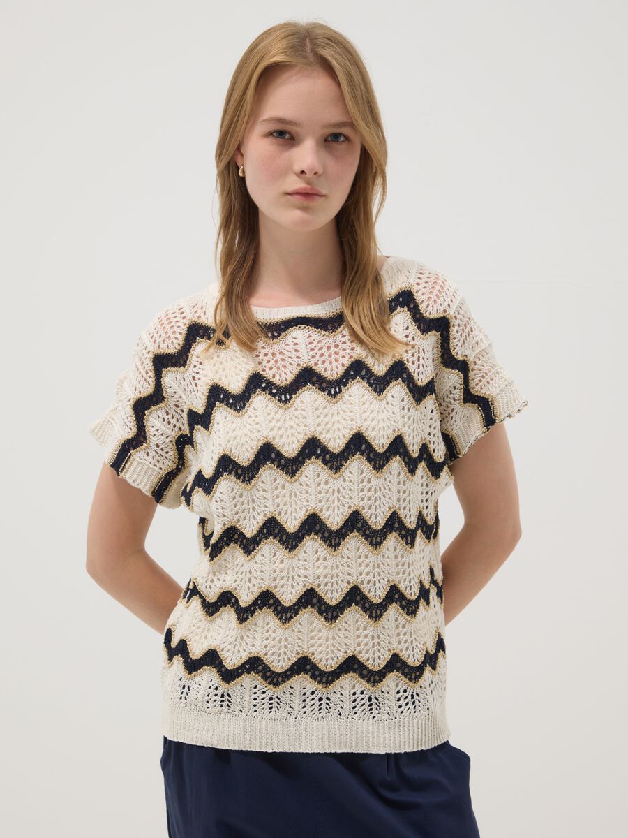 Beige openwork top with blue stripes in stretch cotton, regular fit_0