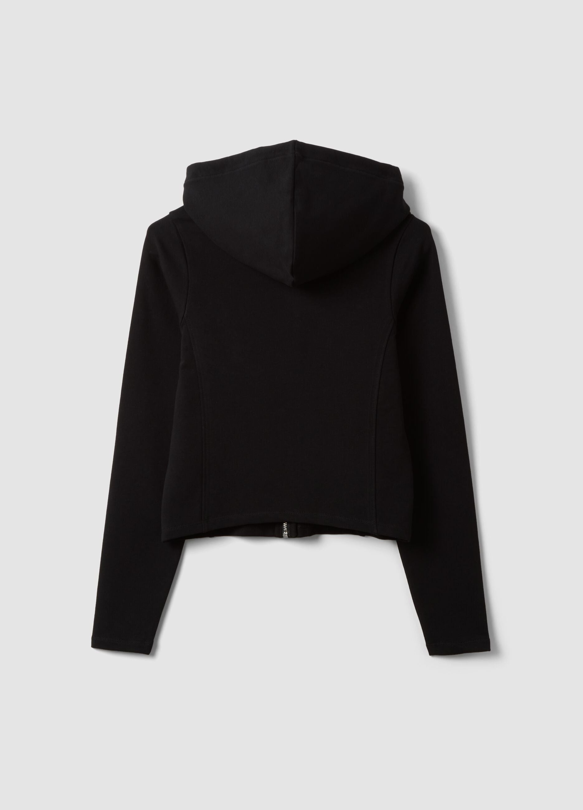 Black full-zip pure cotton hoodie, fitted