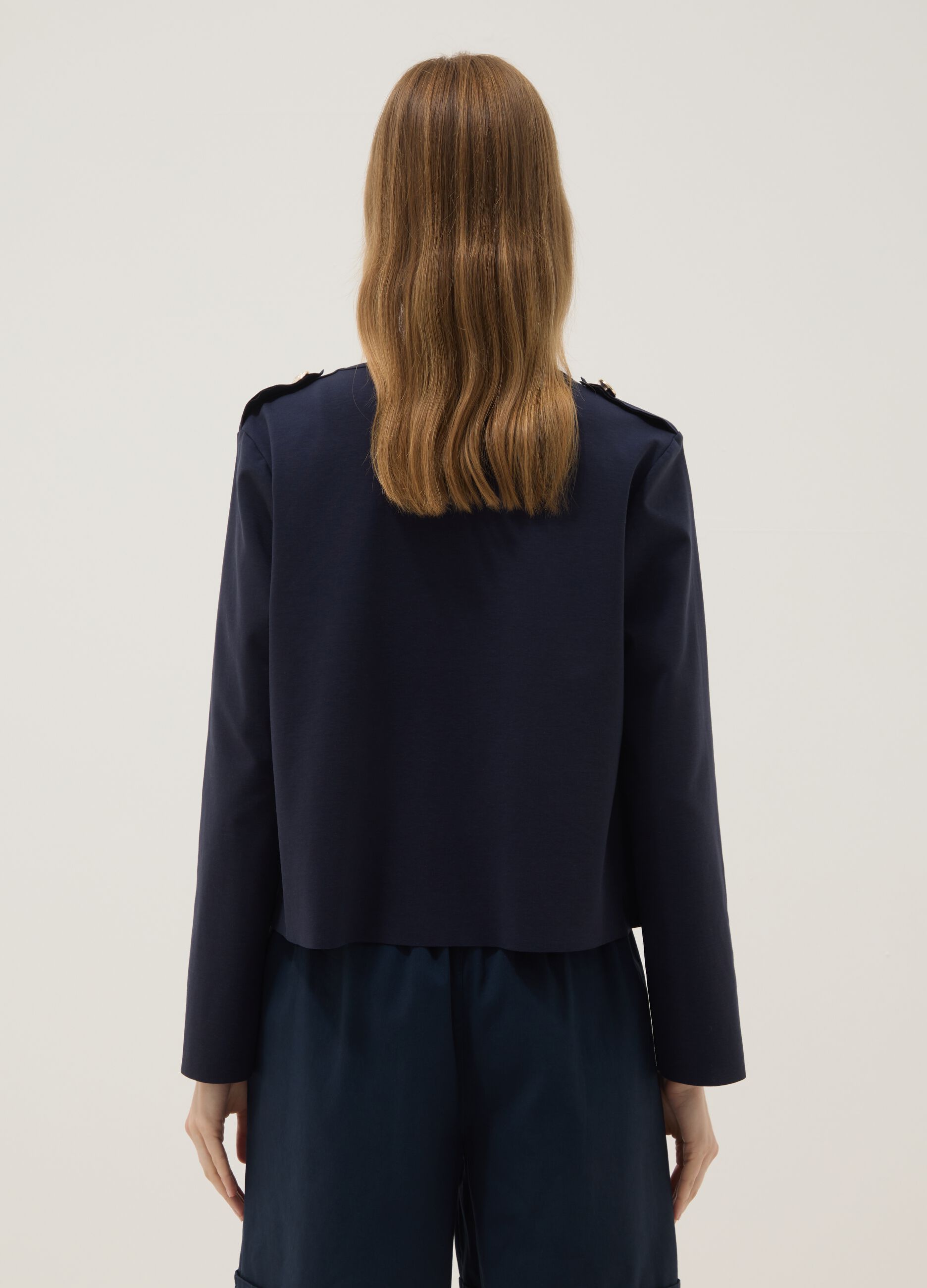 Blue cropped stretch cotton jacket with decorative buttons, regular fit