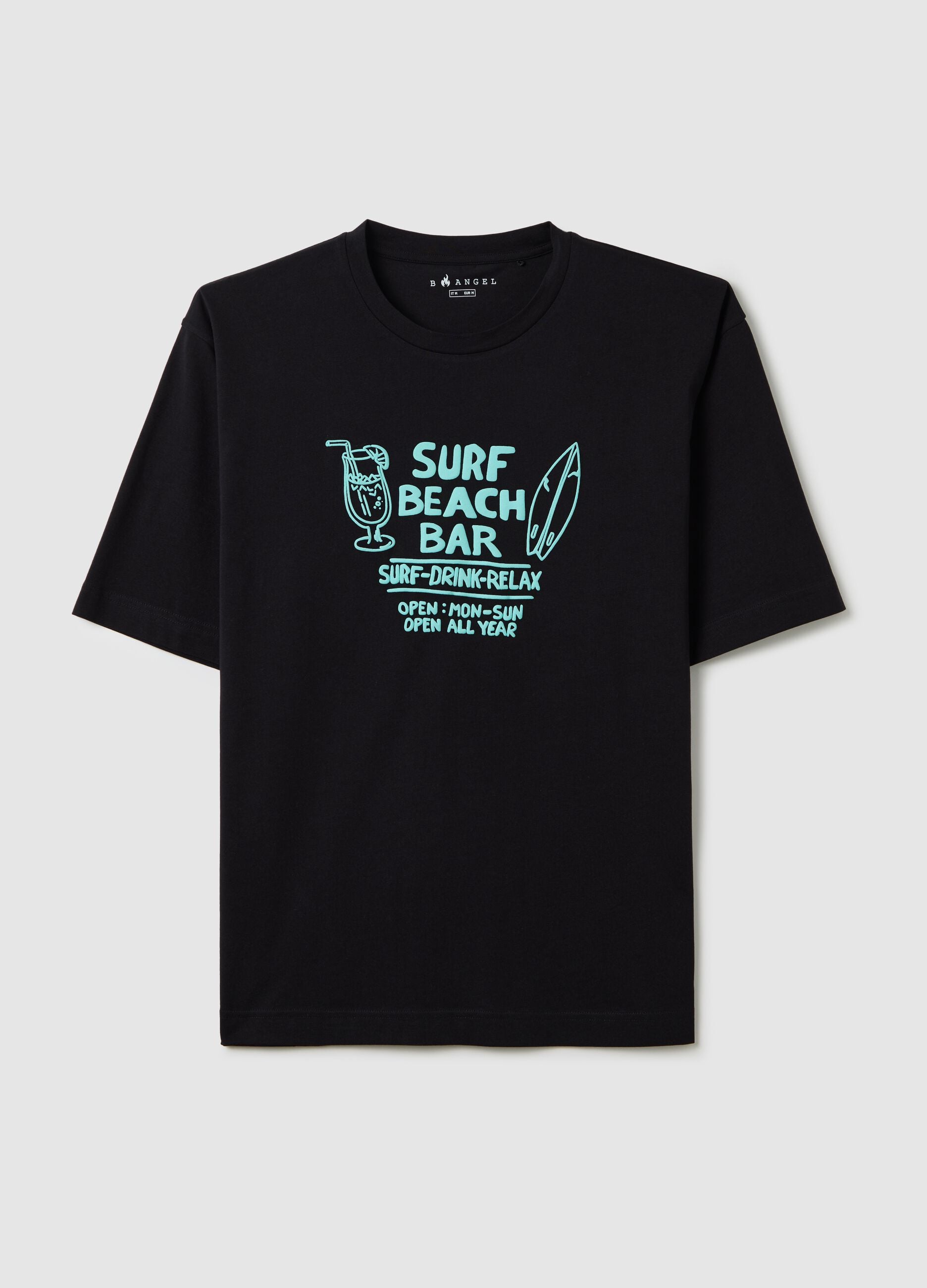 Men&rsquo;s black boxy-fit T-shirt in 100% cotton with Surf Beach Bar print