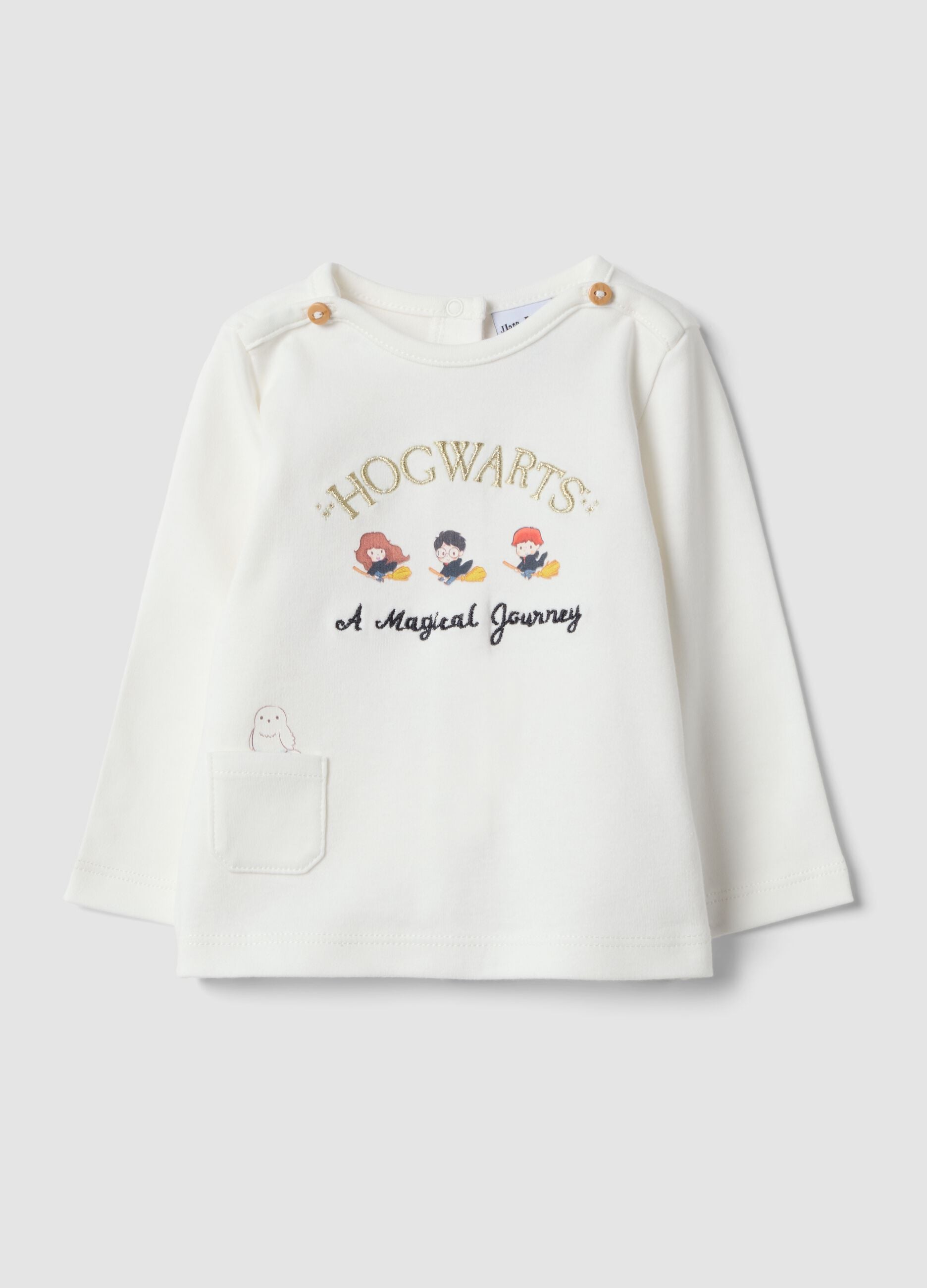 White baby top in pure organic cotton with Harry Potter embroidery