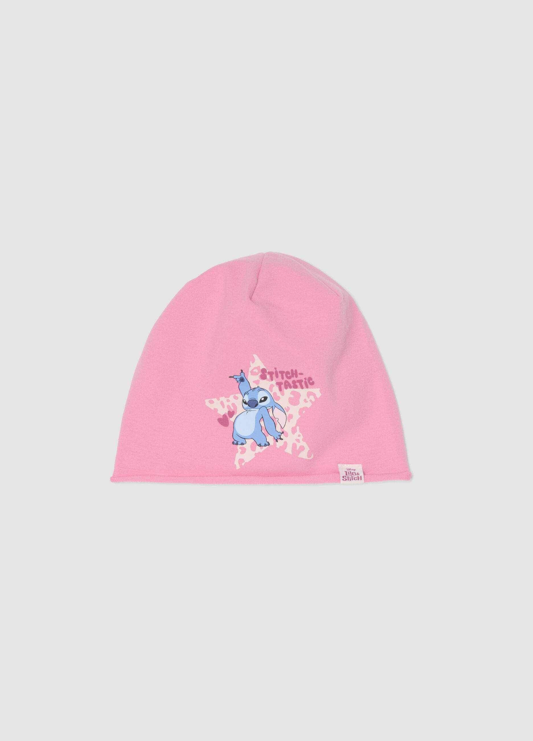 Girls&rsquo; Pink Stretch Cotton Jersey Hat with Lilo & Stitch Print