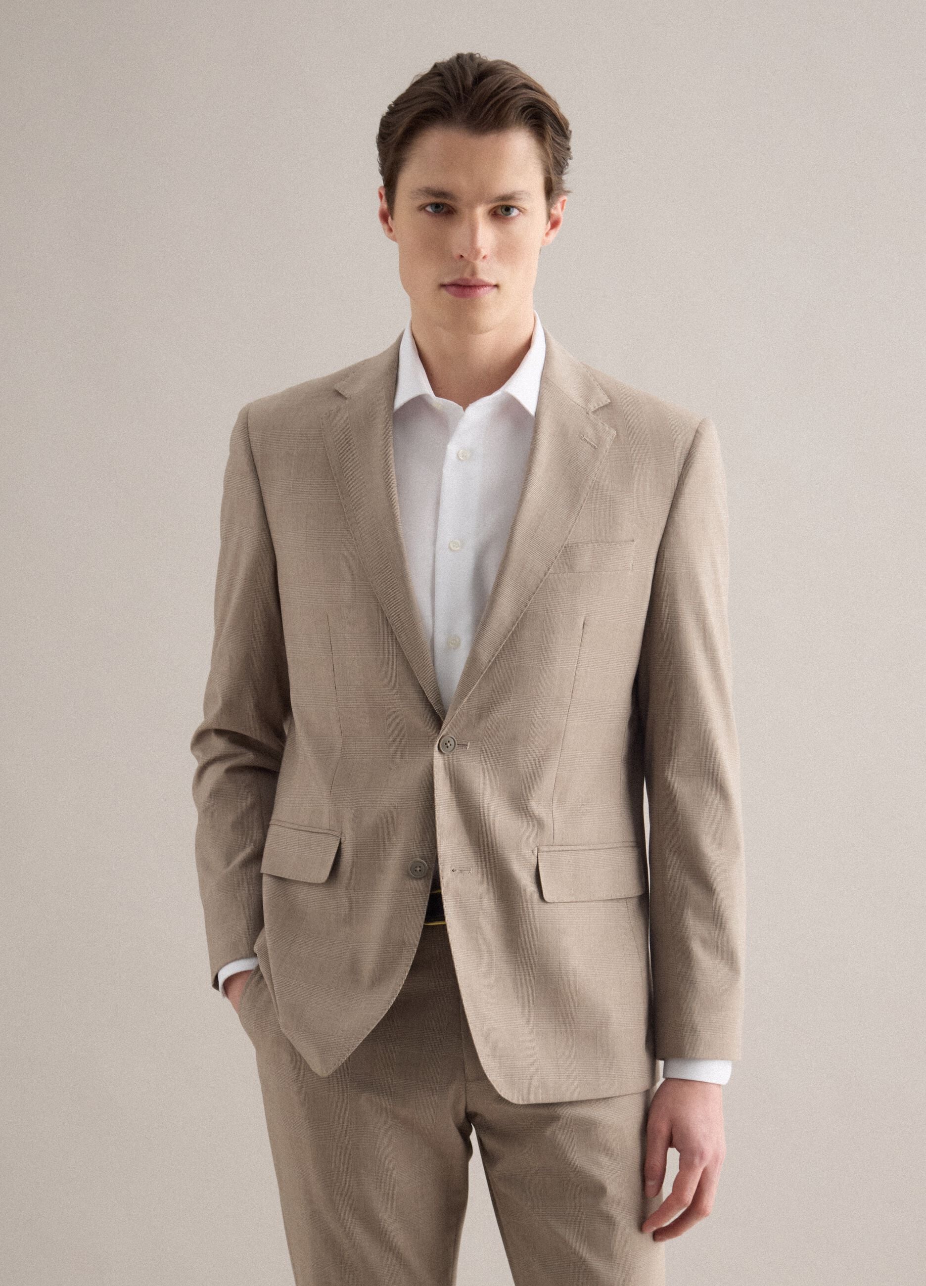 Beige slim-fit checked viscose-blend blazer with lapels