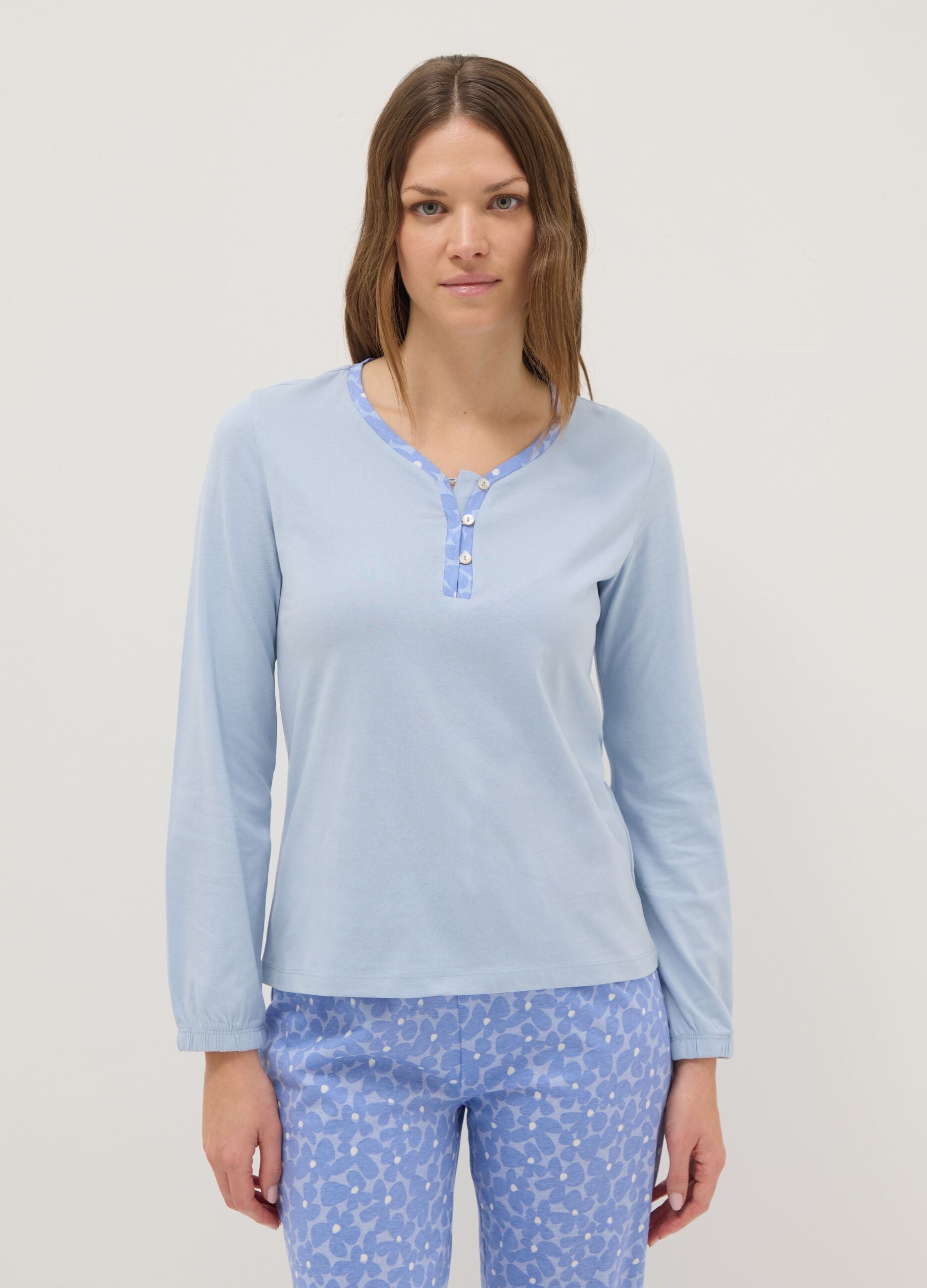 Blue nightshirt in pure cotton regular fit with Henley neckline