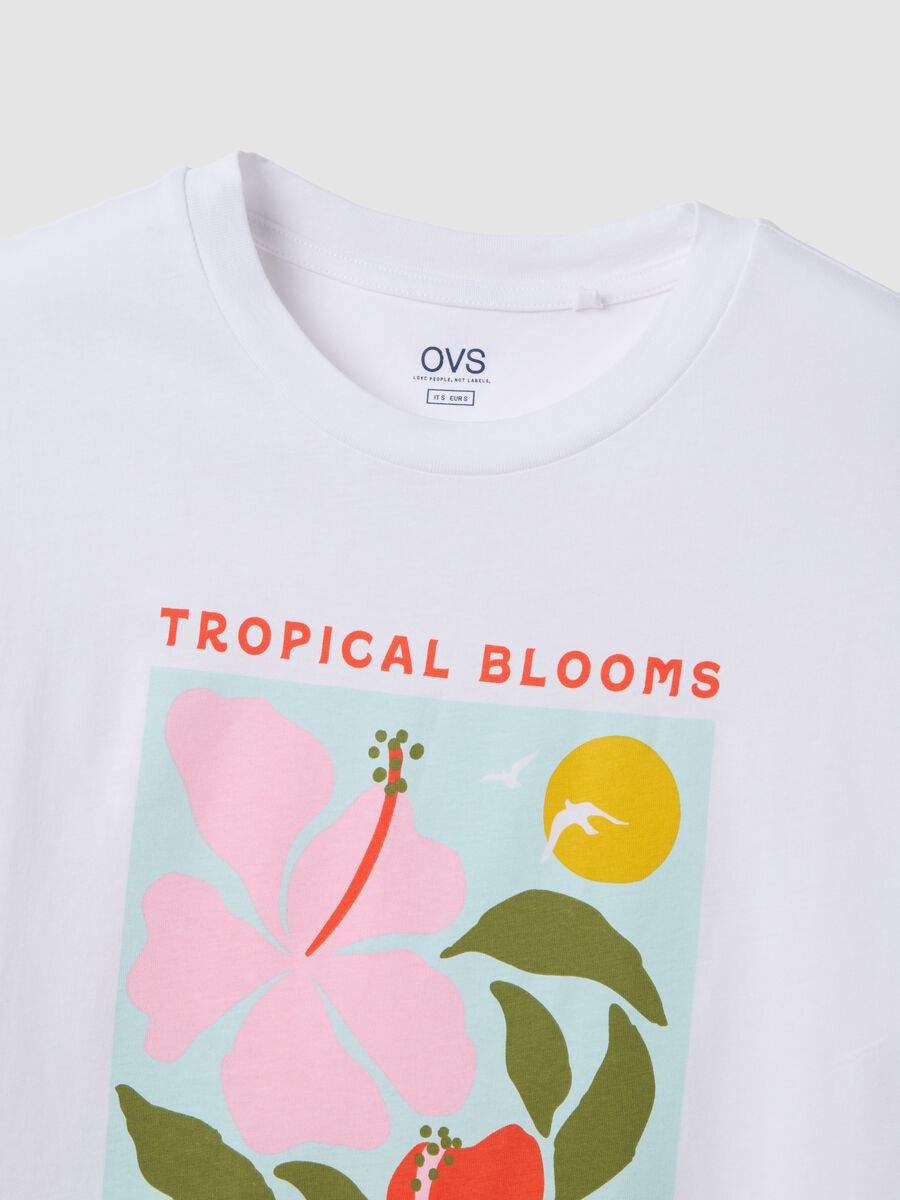 White pure cotton T-shirt with floral print, regular fit_5