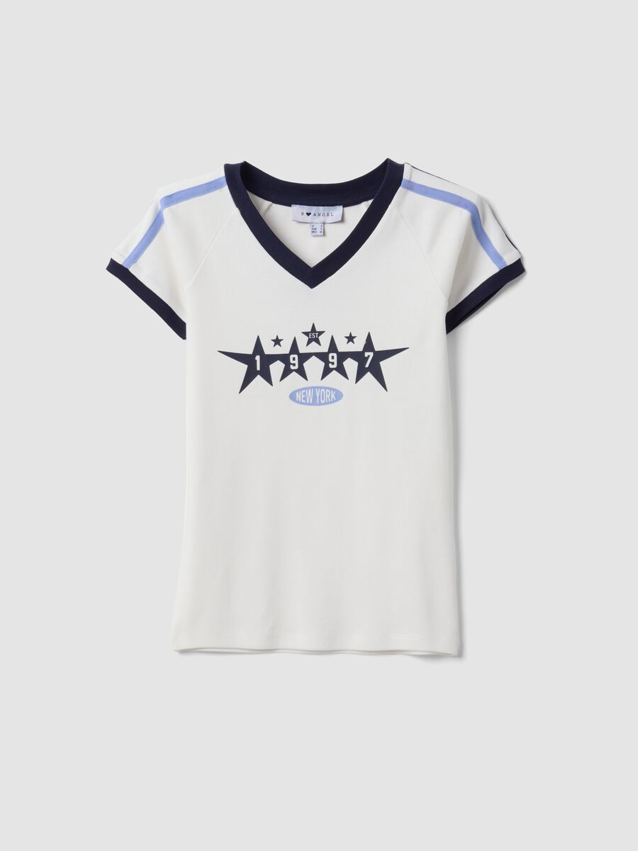 White pure cotton V-neck T-shirt with front print_0