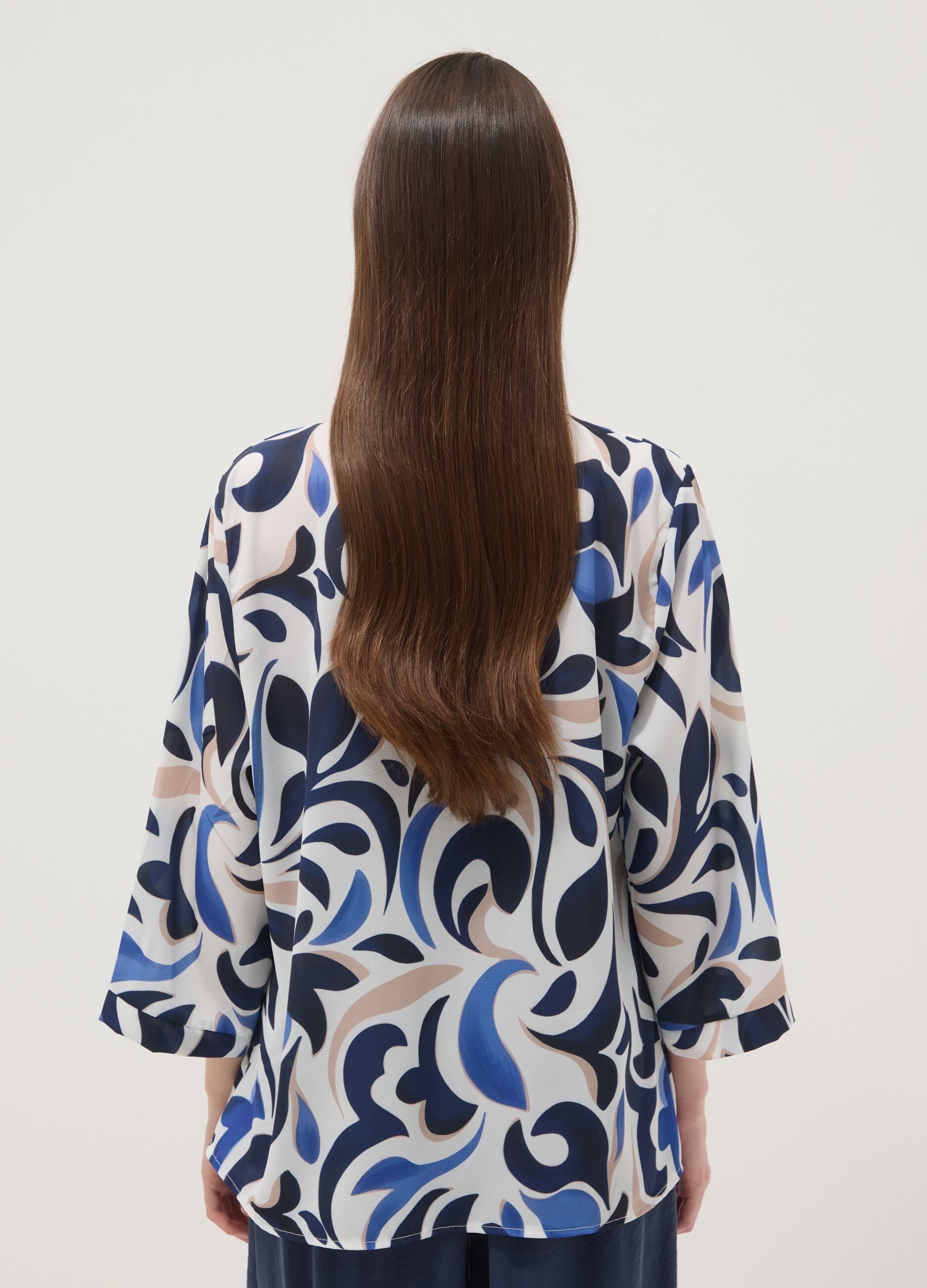 Multicolour patterned long-sleeve V-neck blouse