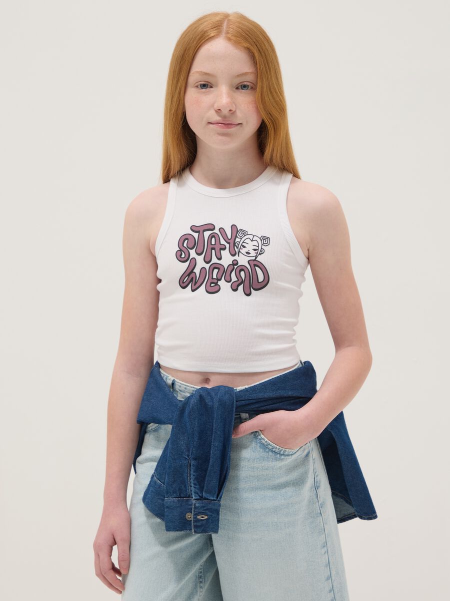 Tank top bianco in cotone elasticizzato con stampa per ragazza fitted_0